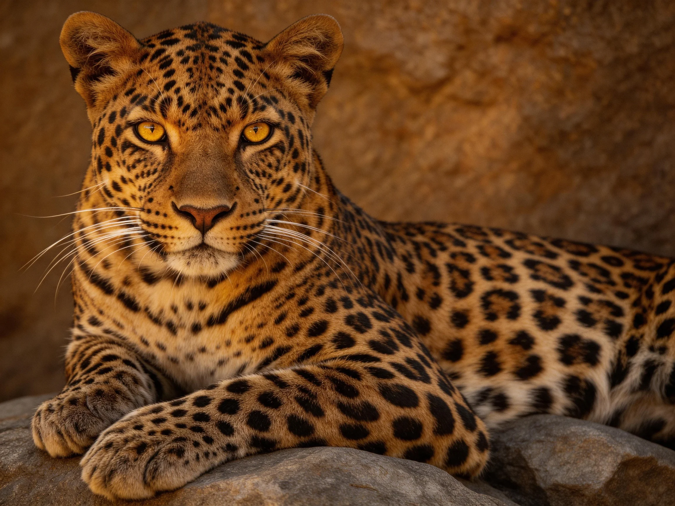 A golden-eyed leopard lounges on rocky terrain with dark-spotted fur