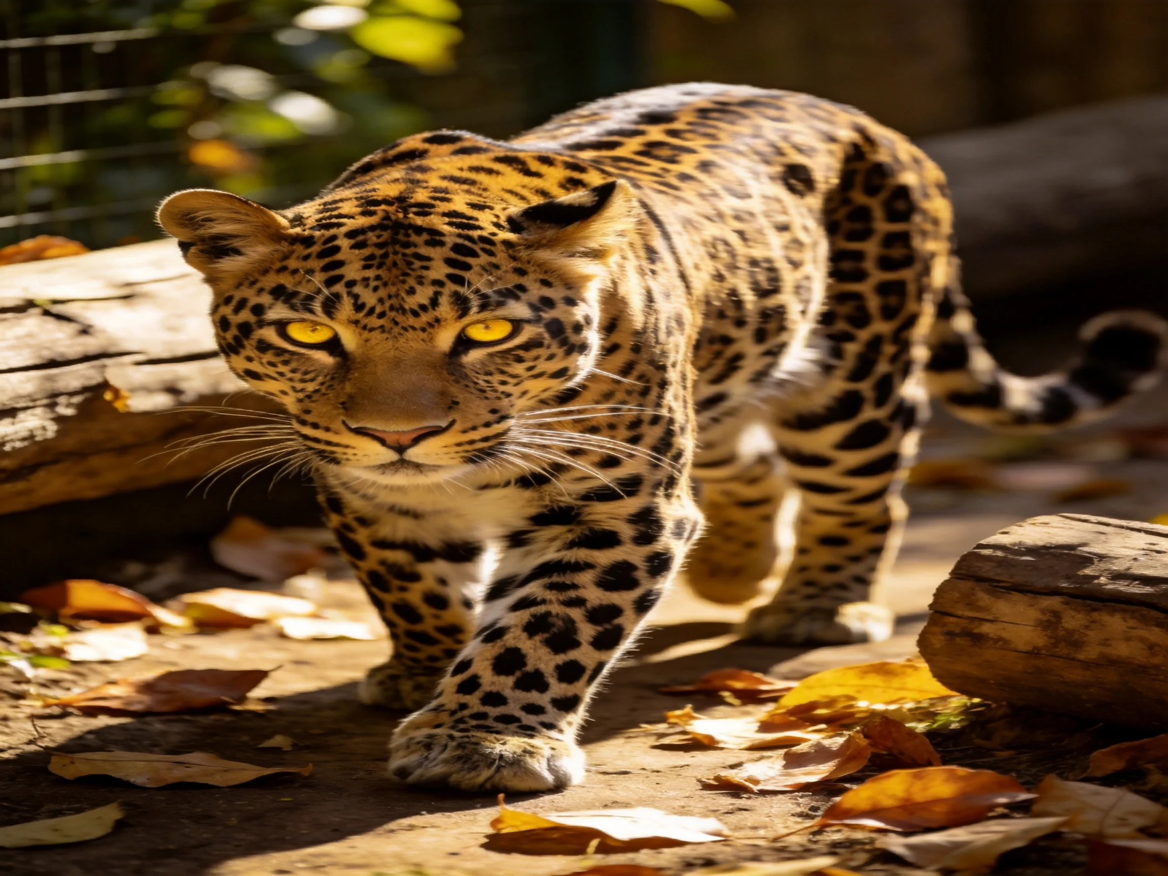 A golden-eyed leopard roams near fallen autumn leaves and logs