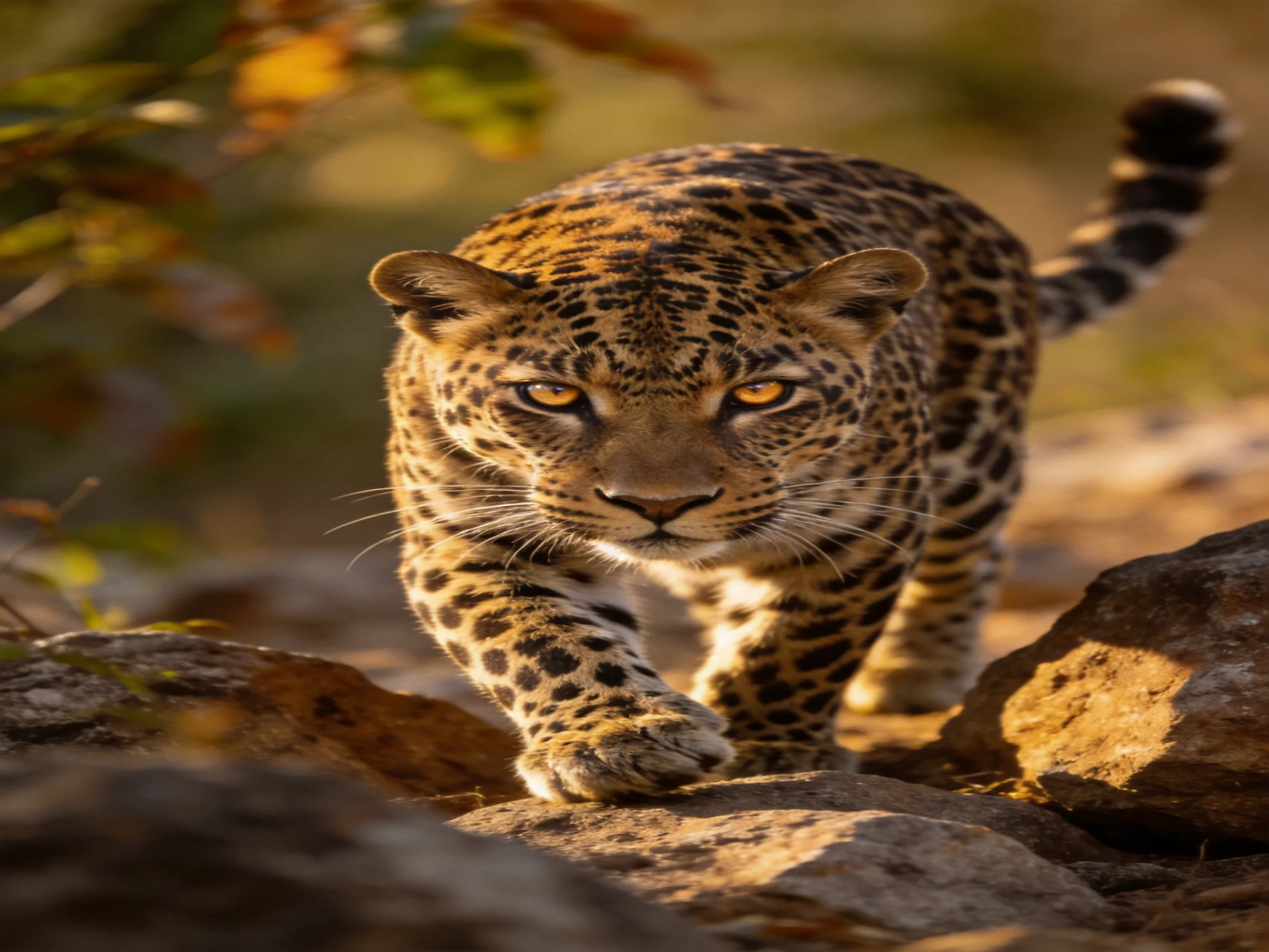 A golden-eyed leopard stalks rocky terrain under warm sunlight