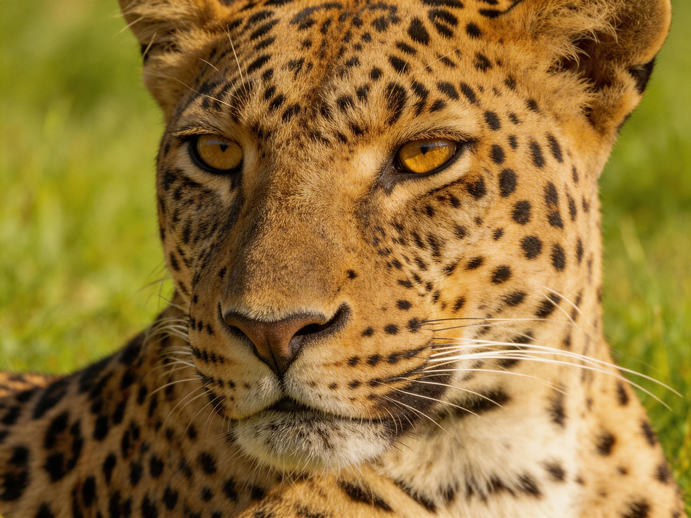 A golden-eyed leopard with black spots rests amid sunlit greenery.