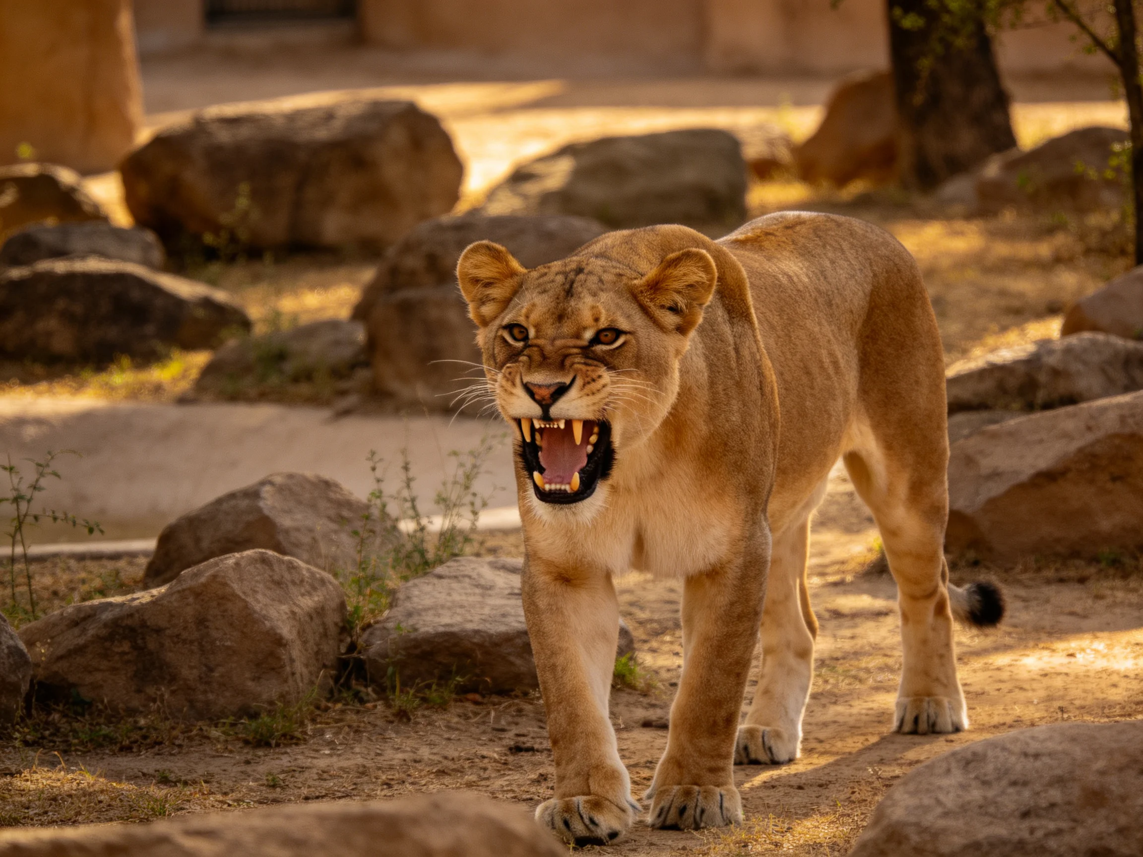A lioness roams through rocky terrain illuminated by warm sunlight.