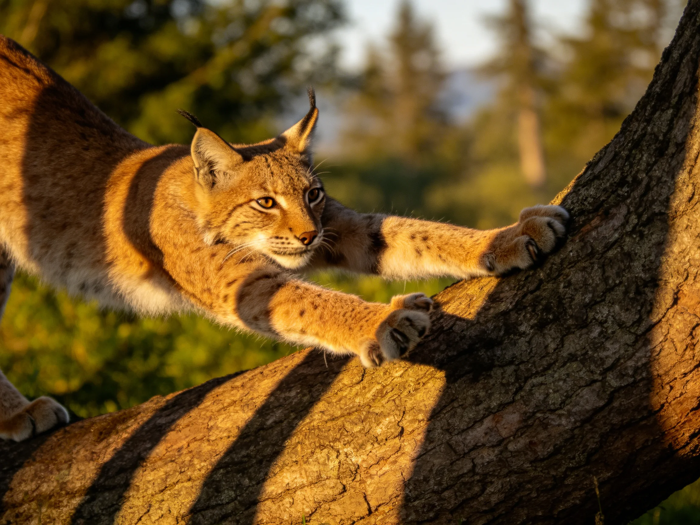 A golden-furred wild cat reaches toward a large tree trunk in a sunlit forest.