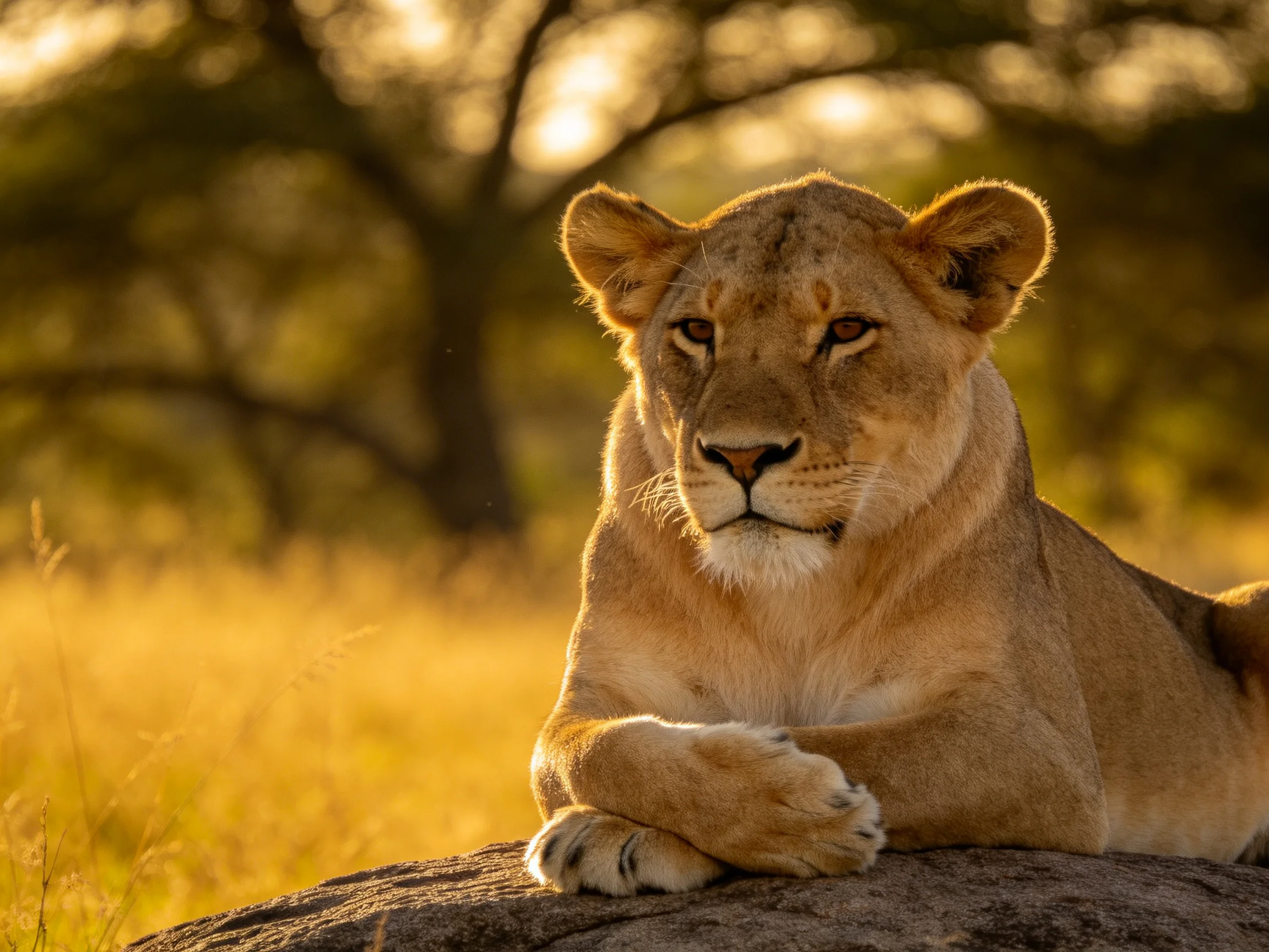 A lioness relaxes on a rock amid a sun-drenched savannah landscape.