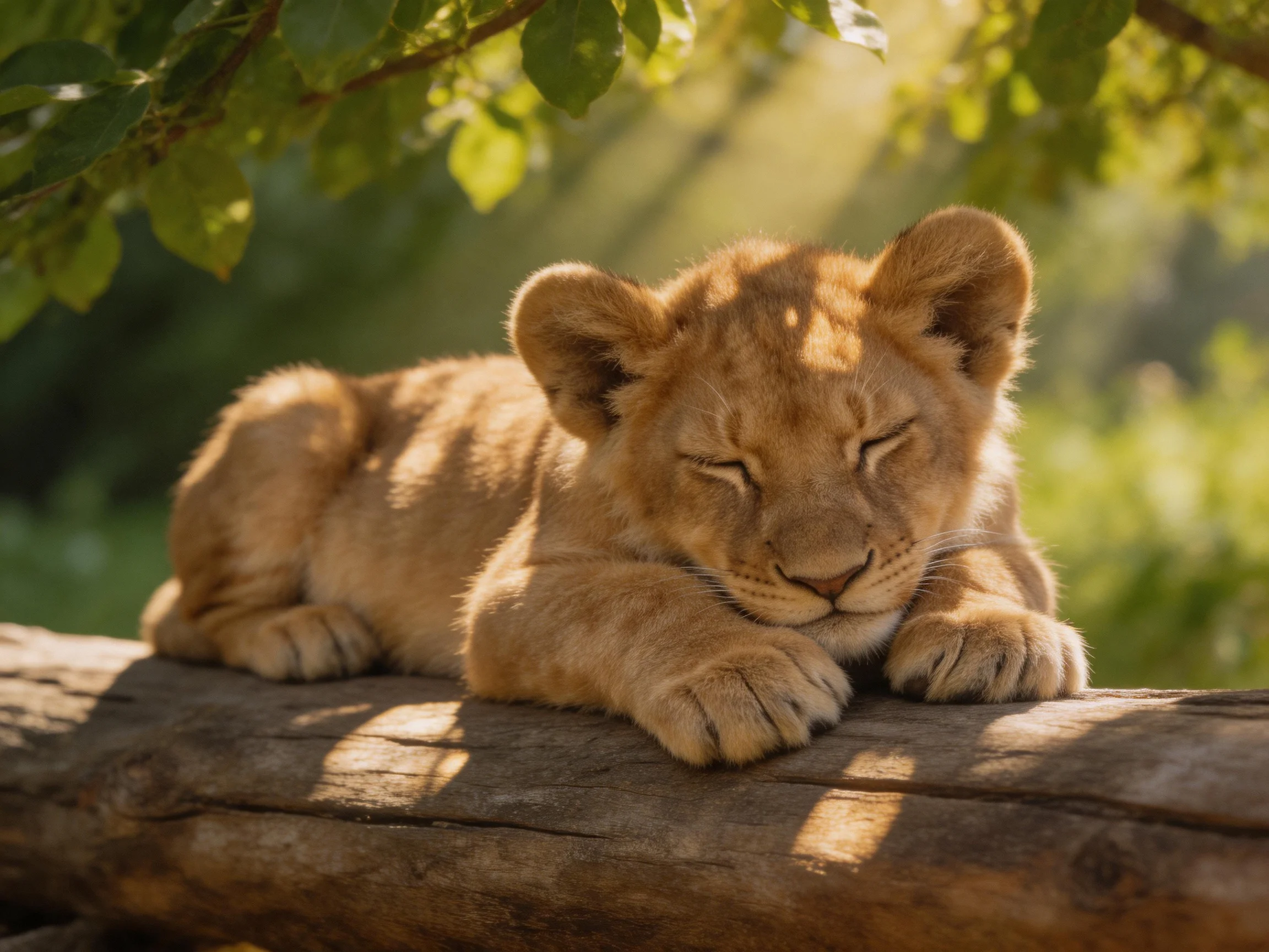 A golden lion cub resting on a weathered wooden log under sun-dappled greenery