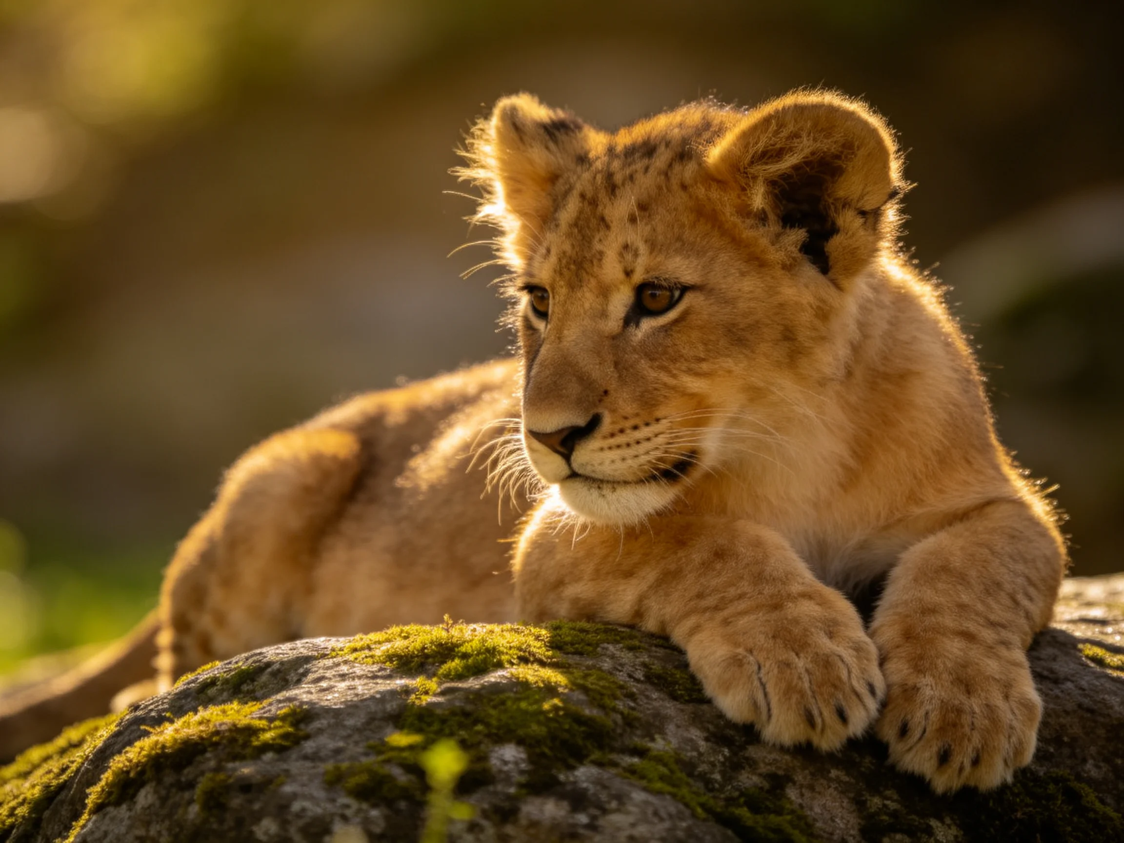 A golden lion cub rests on a moss-covered rock in soft sunlight