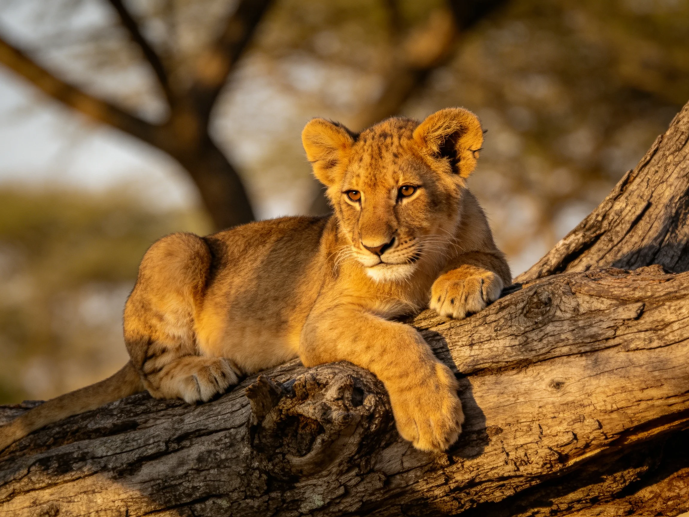 A golden lion cub relaxes on a weathered tree trunk under warm light