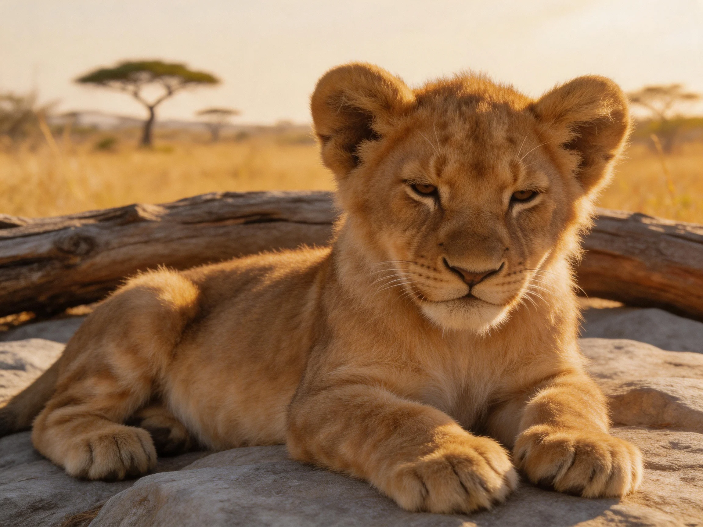 A young lion cub relaxes on rocks beside a log in a sunlit savannah.
