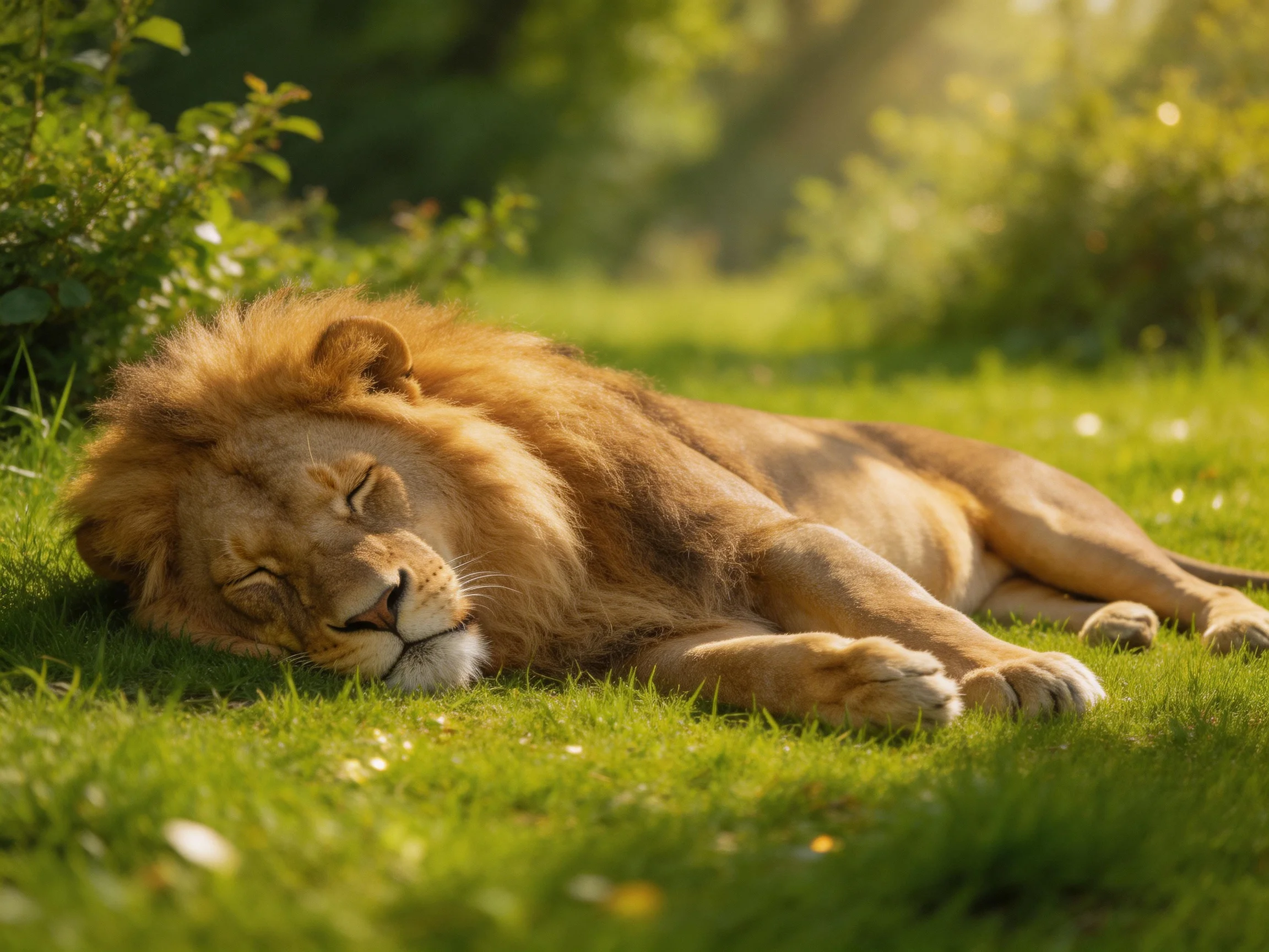 A golden lion rests on green grass in a sunlit outdoor setting.