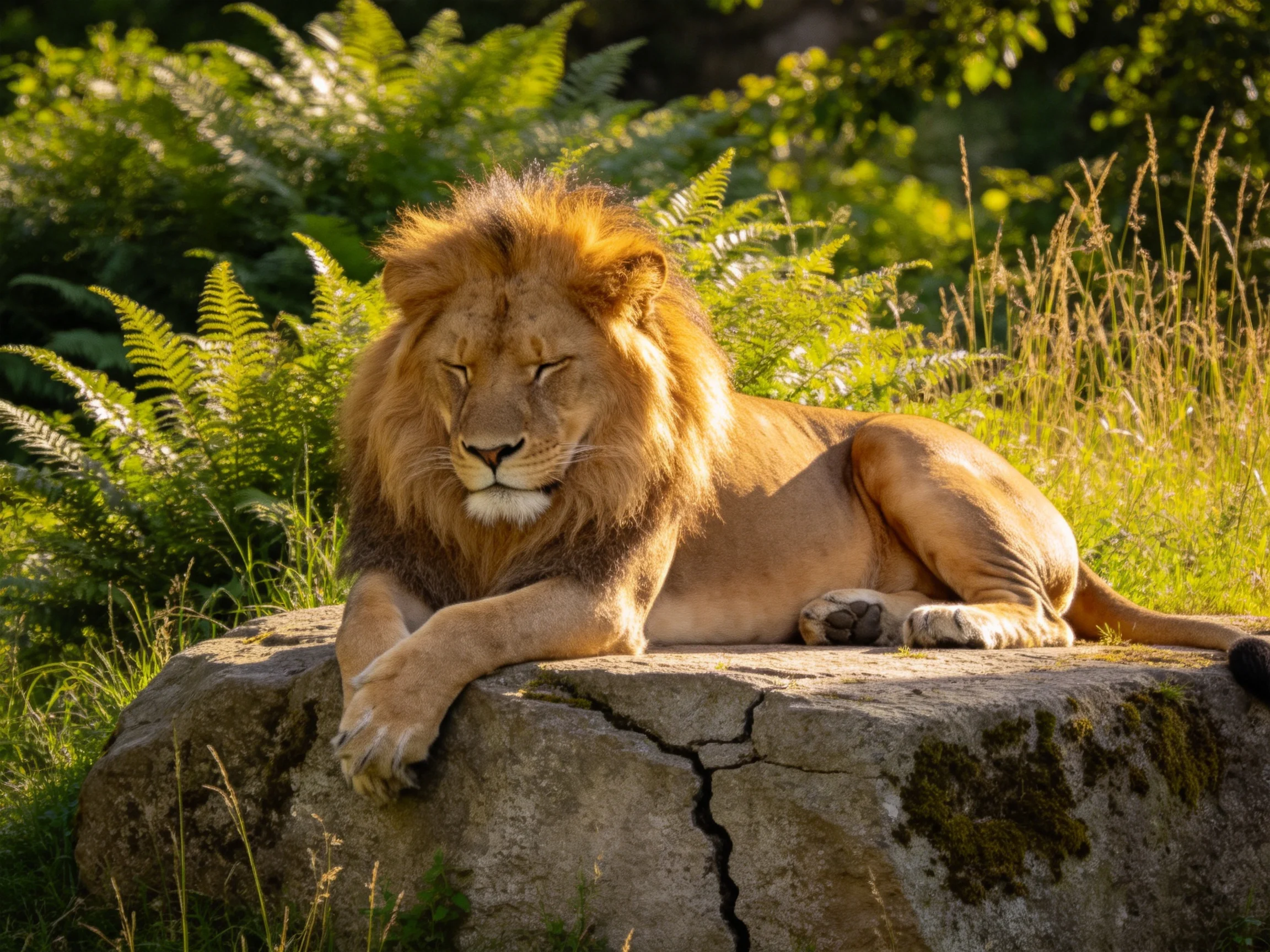 A golden lion reclines on a cracked stone amid lush fernery