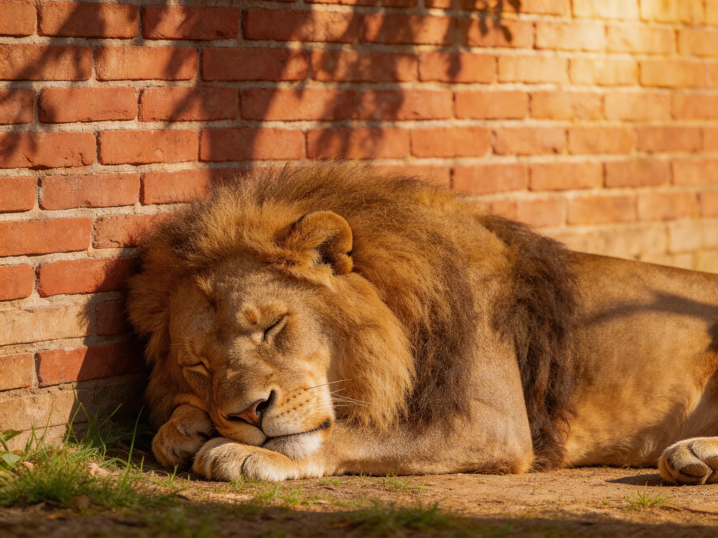 A golden lion naps beside a reddish brick wall in sunlight.