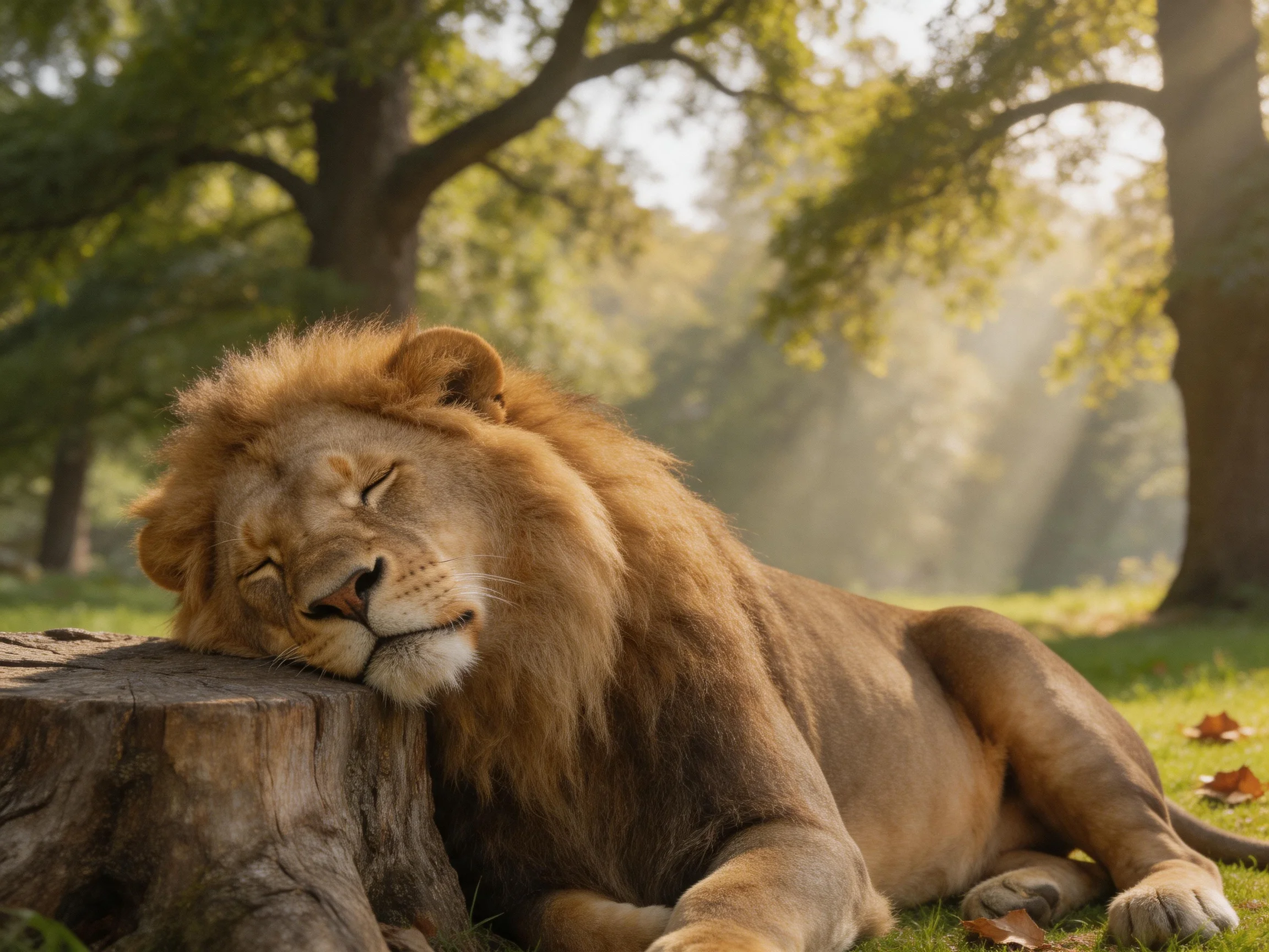 A lion rests near a tree stump in a sunlit forest