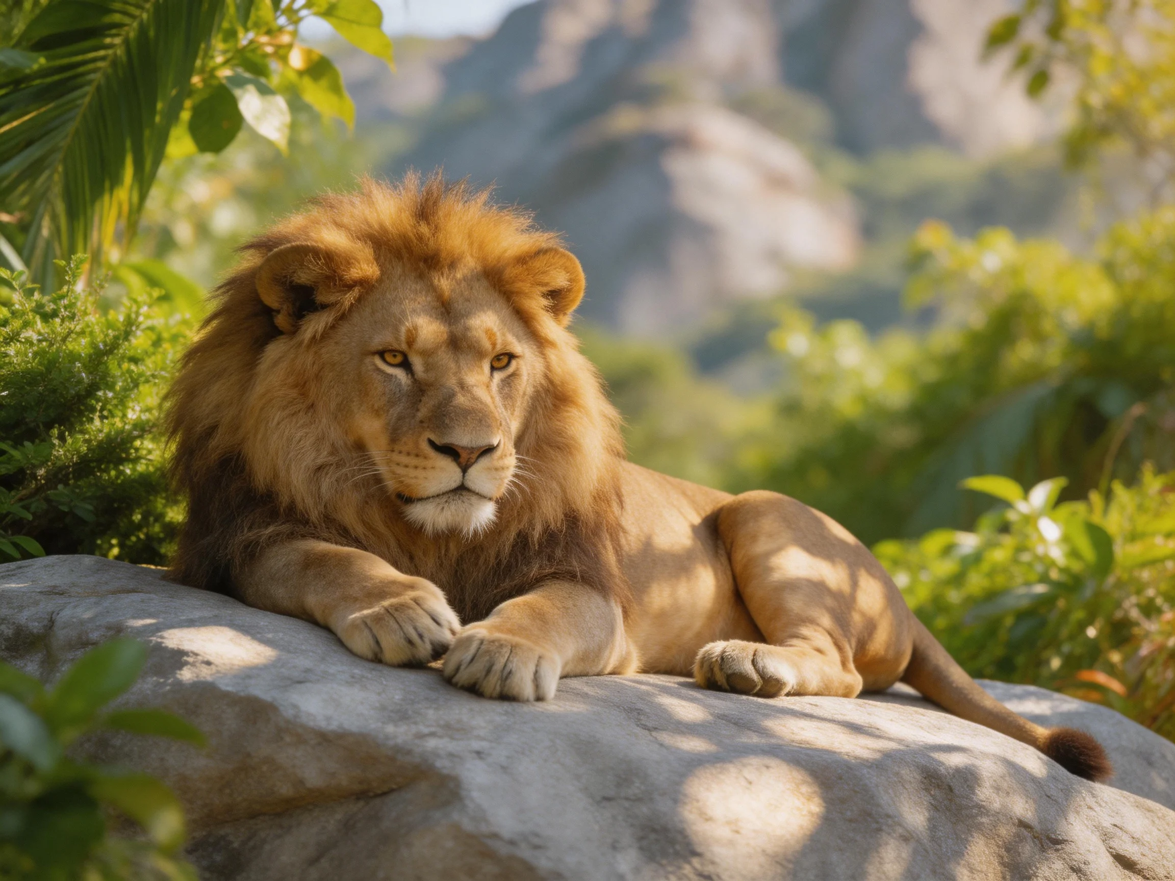 A golden lion relaxes on a rock in a verdant, mountainous environment.