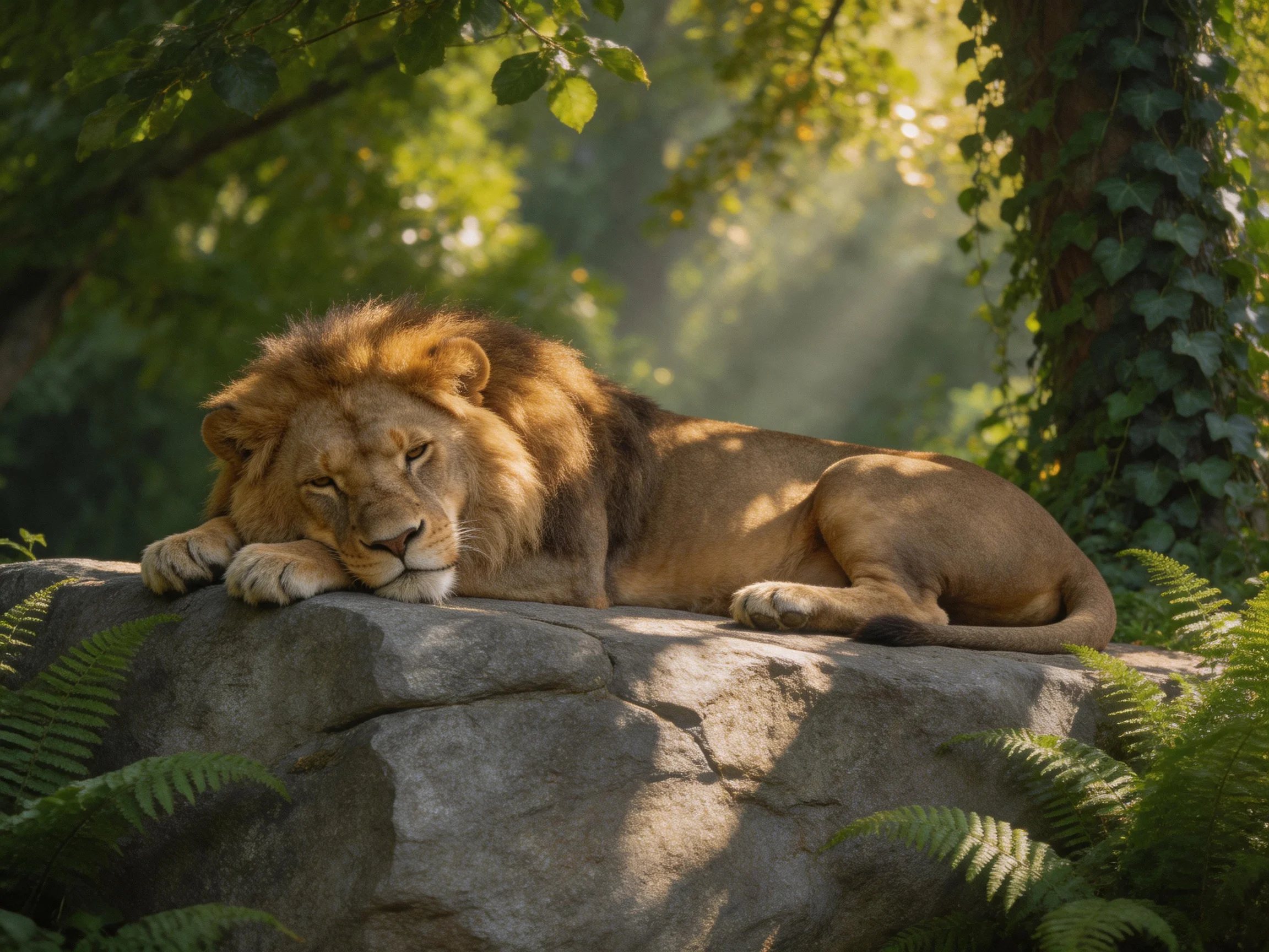 A lion relaxes on a rock surrounded by nature in a sunlit environment.