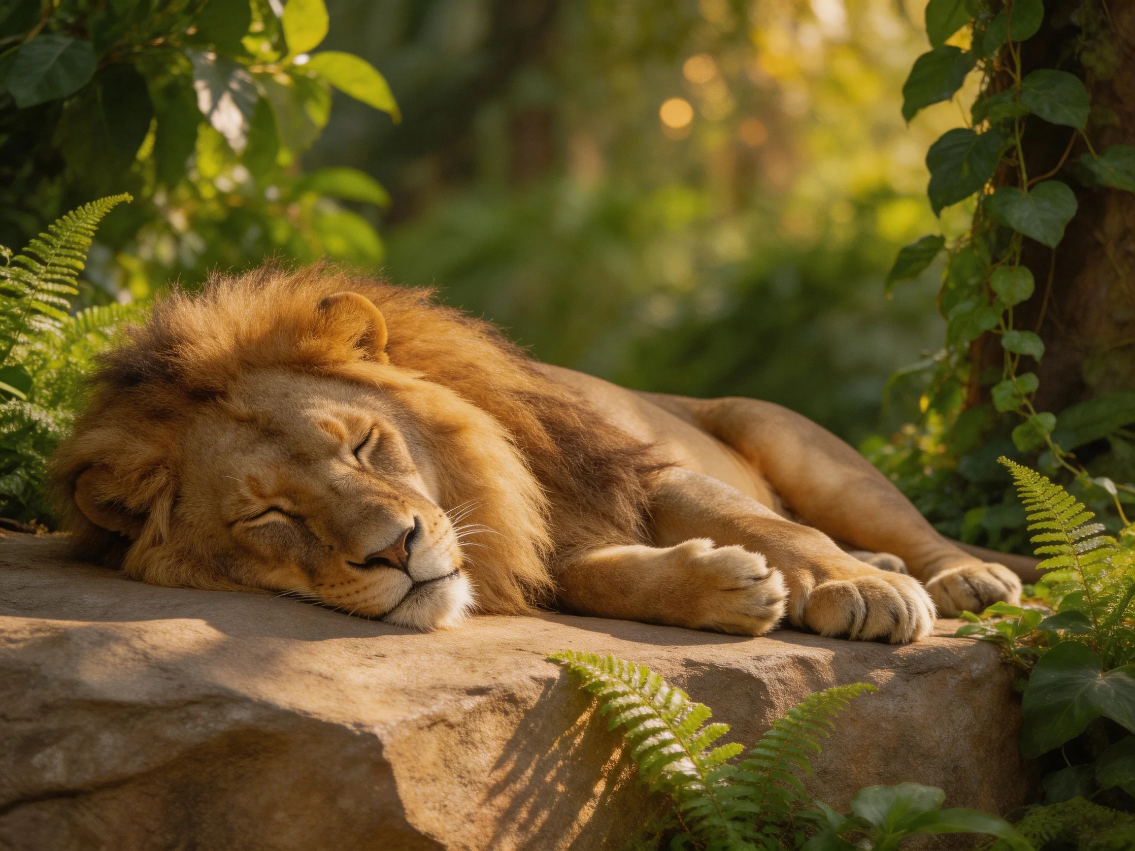 A lion sleeps peacefully on a rock surrounded by ferns and trees