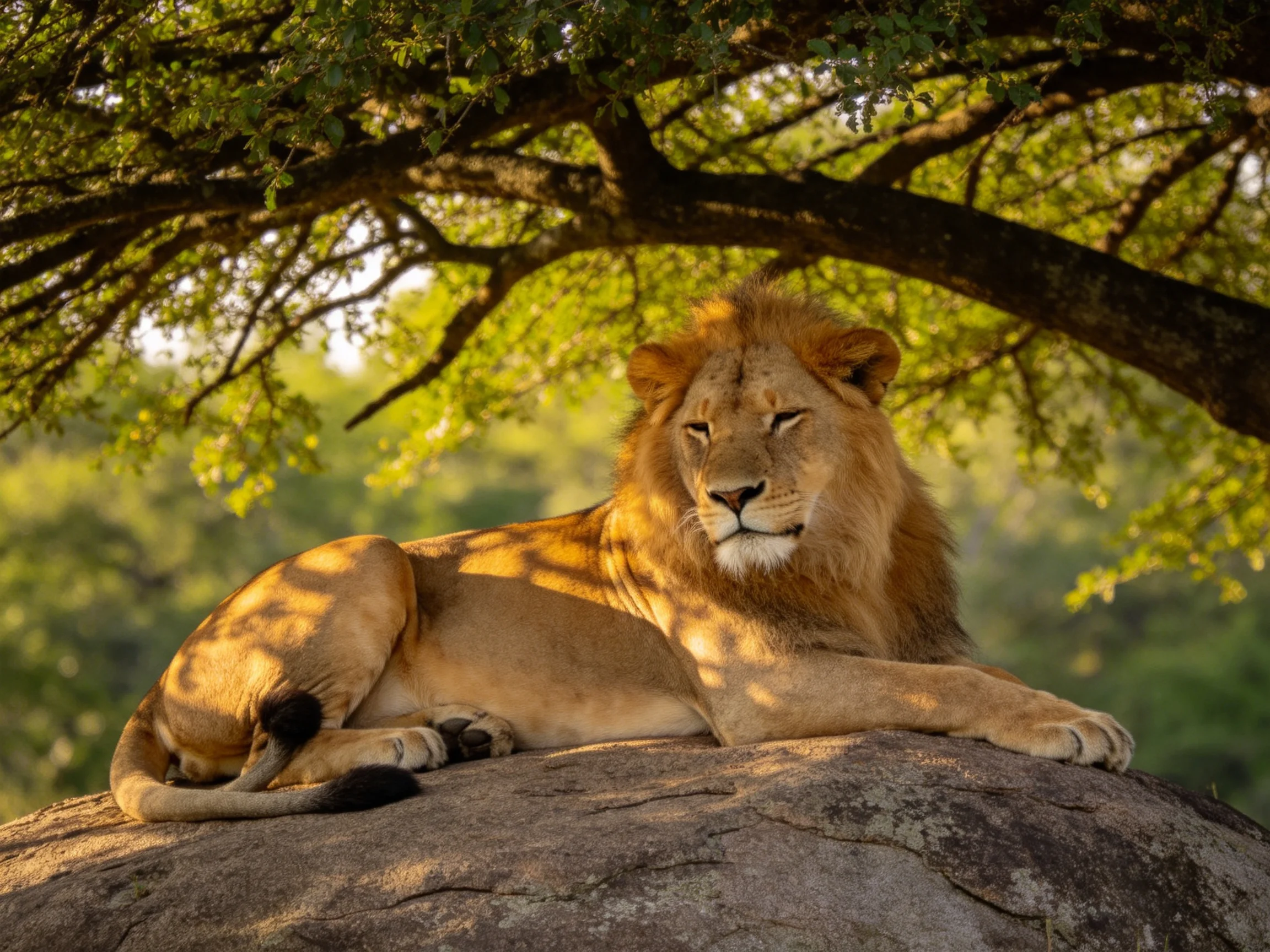 A lion relaxes on a rock under trees in bright daylight.