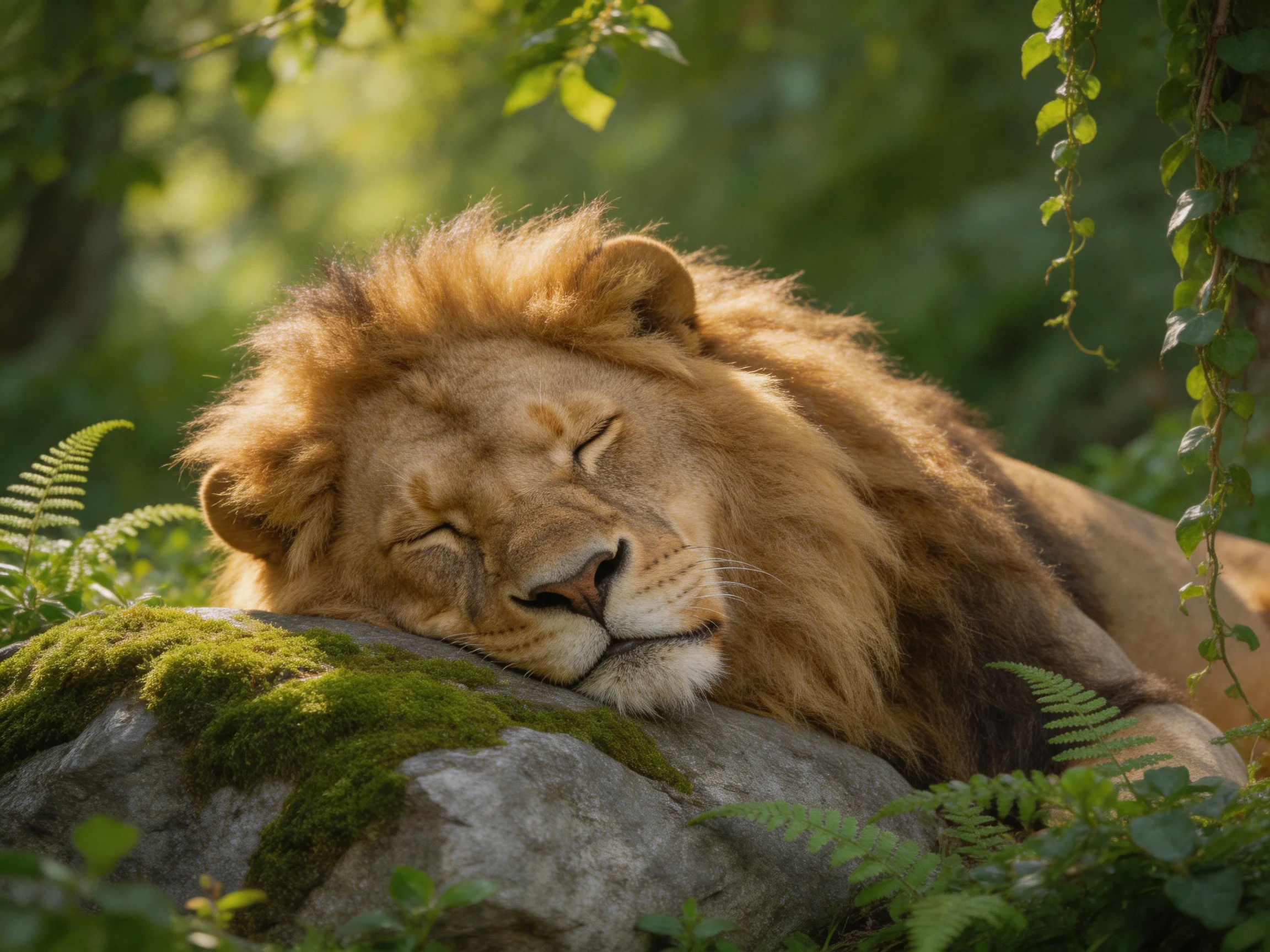 A lion sleeps on a mossy rock surrounded by dense greenery.