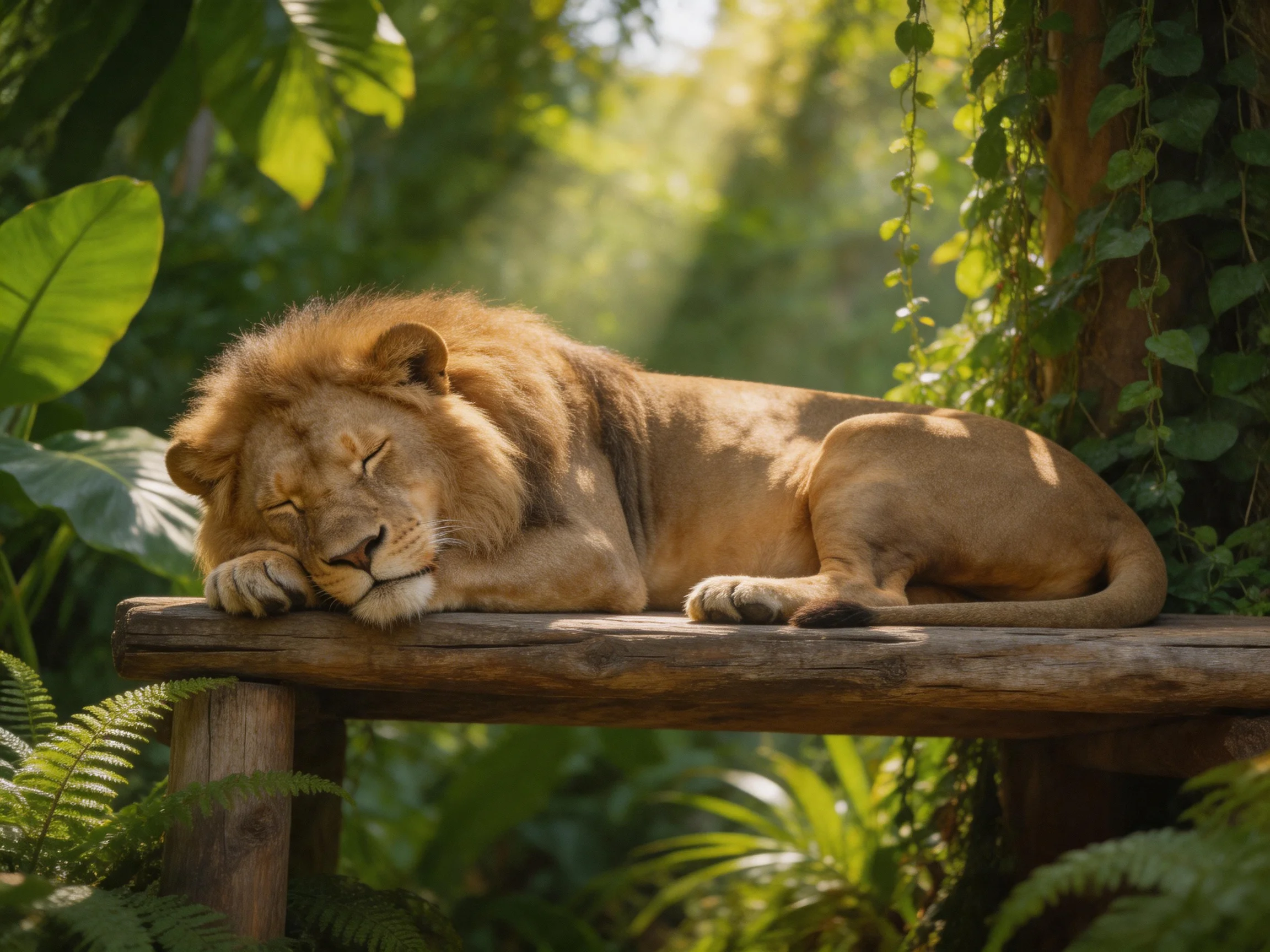 A golden lion sleeps on a wooden bench surrounded by dense greenery.