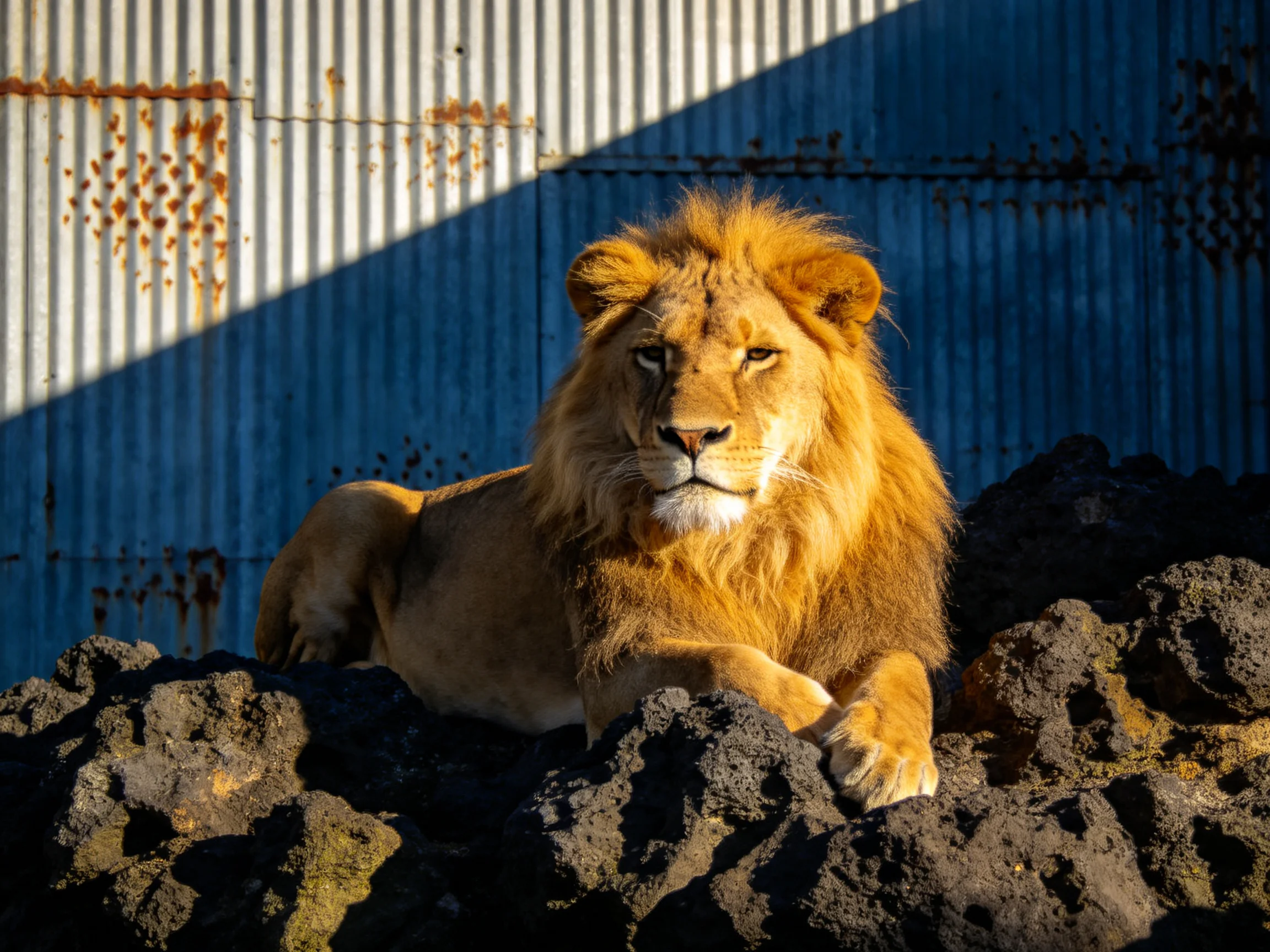 A golden lion relaxes on dark rocks near an aged metal structure.