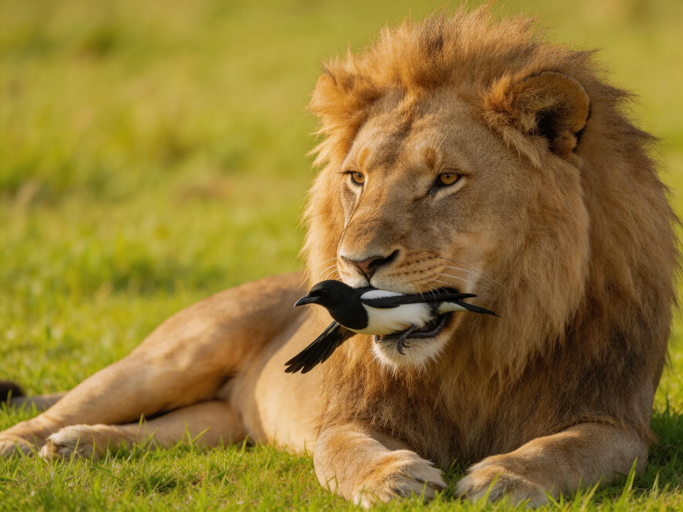 A lion rests on grass holding a black and white bird.