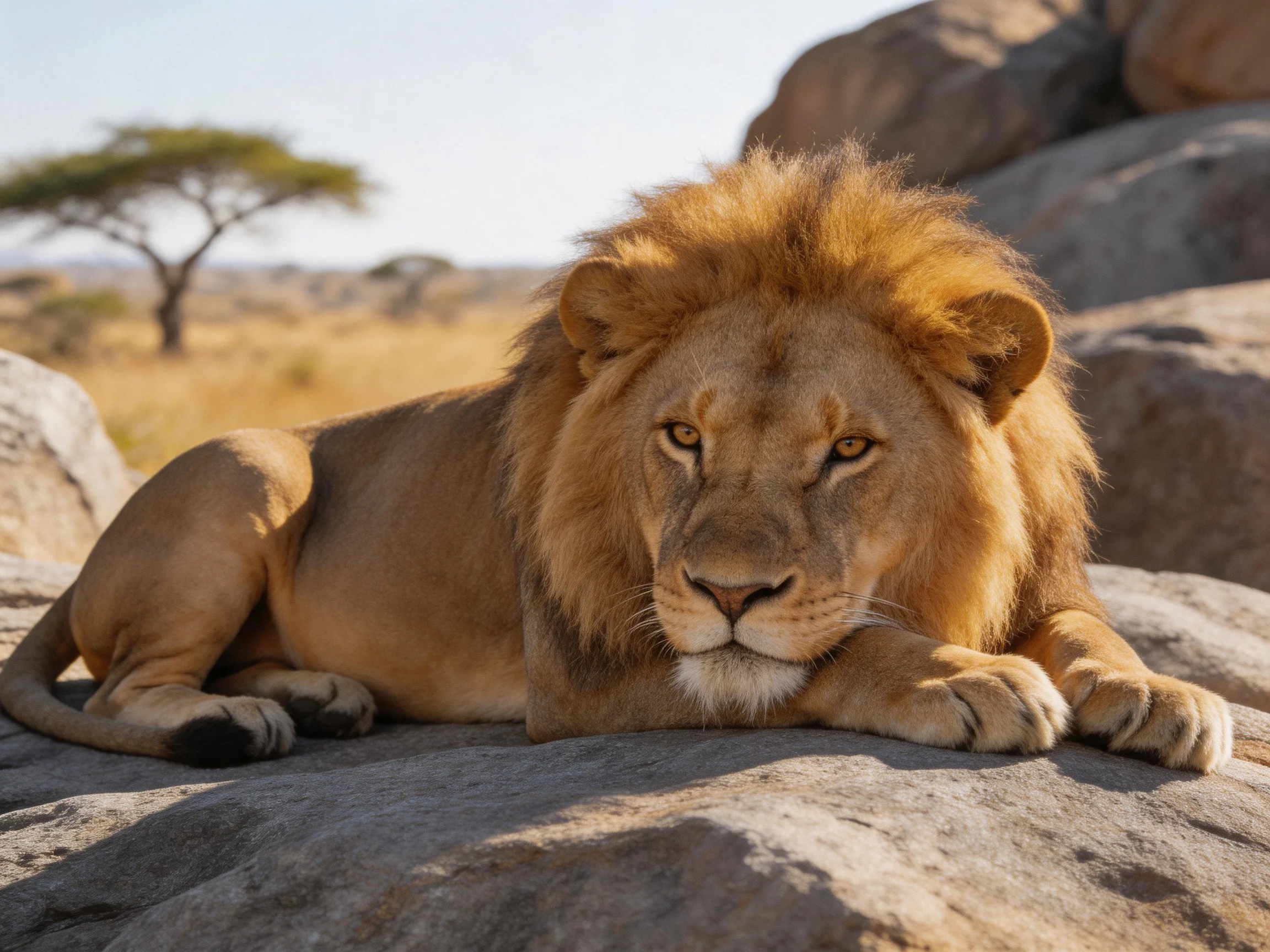 A golden lion lies on rocks in a sunlit savannah landscape.