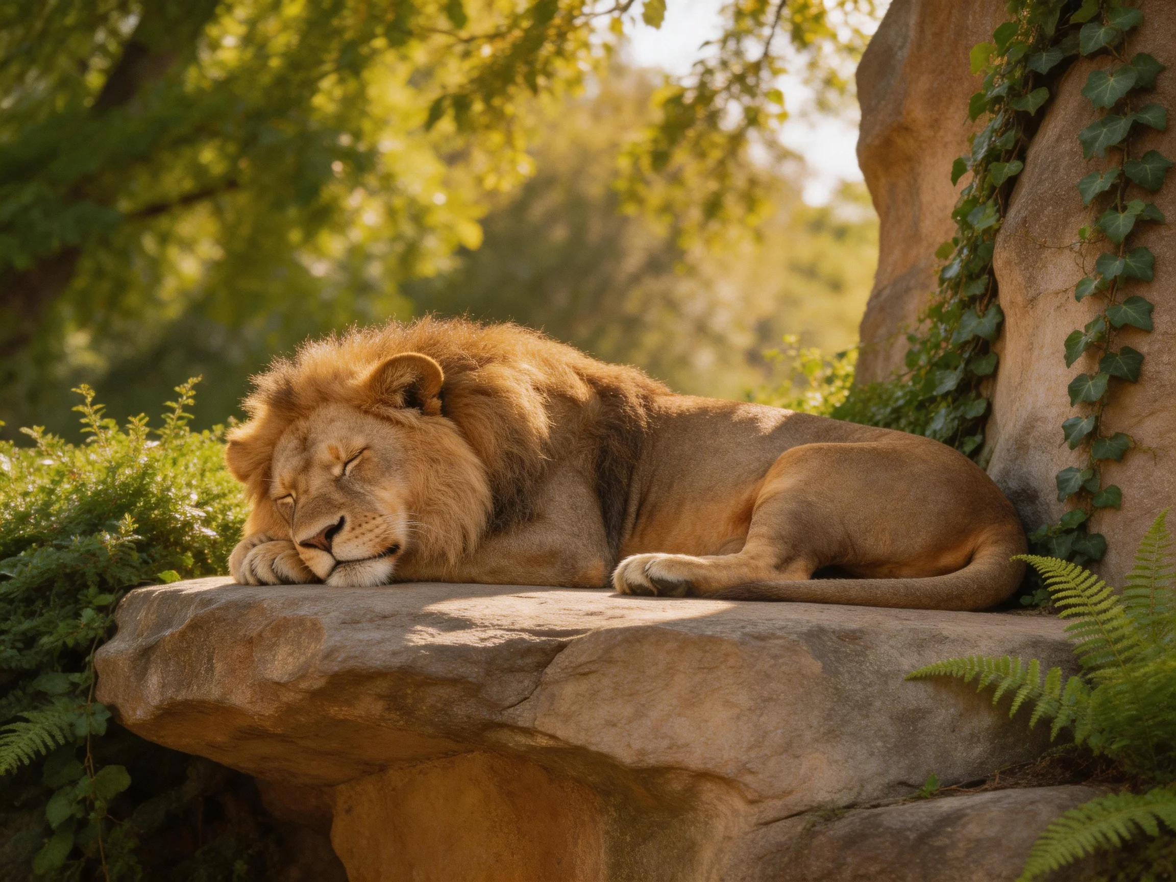 A golden lion rests on rock near abundant green foliage.
