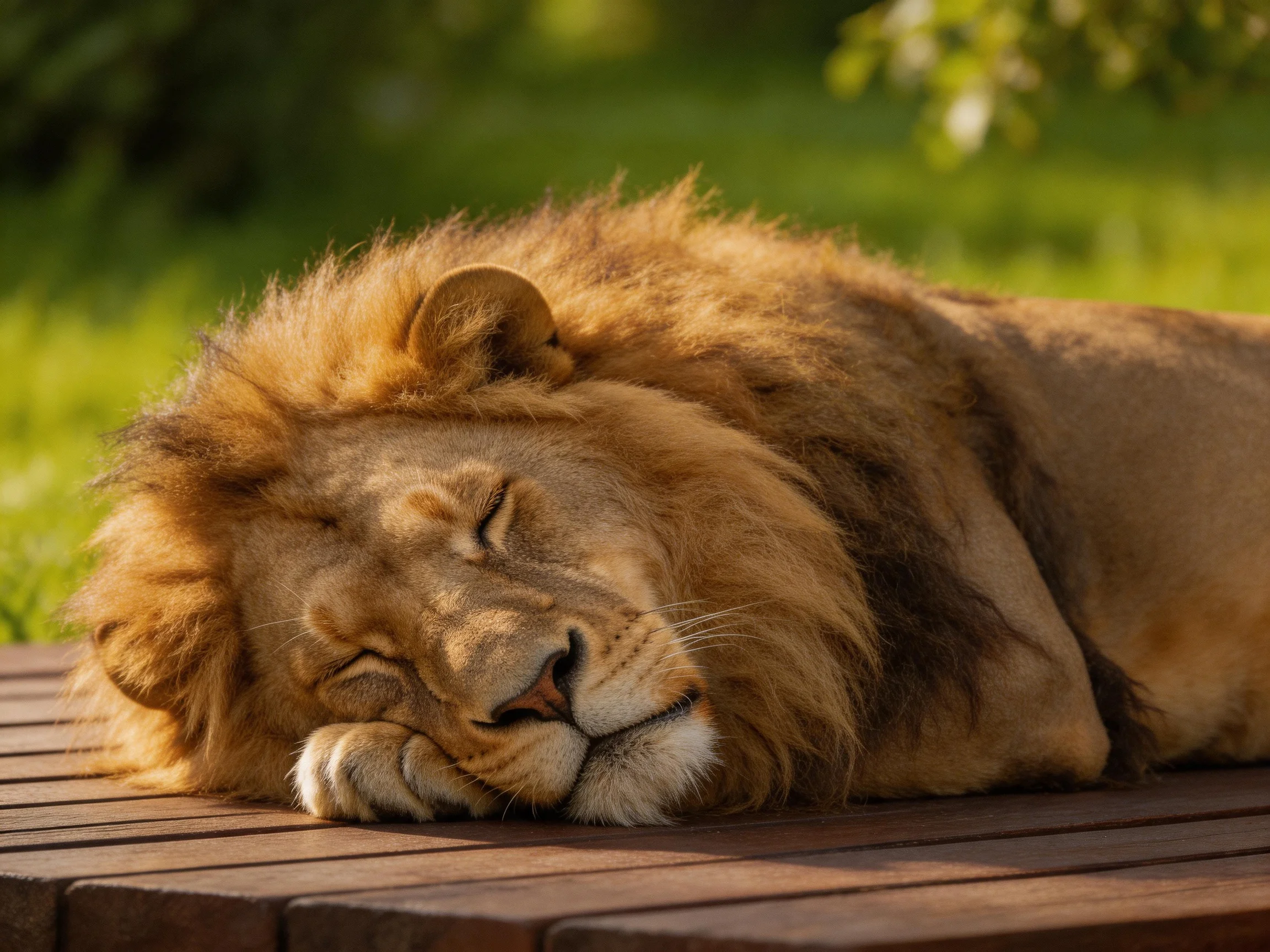 A golden lion sleeps soundly on a brown wooden platform amid lush greenery