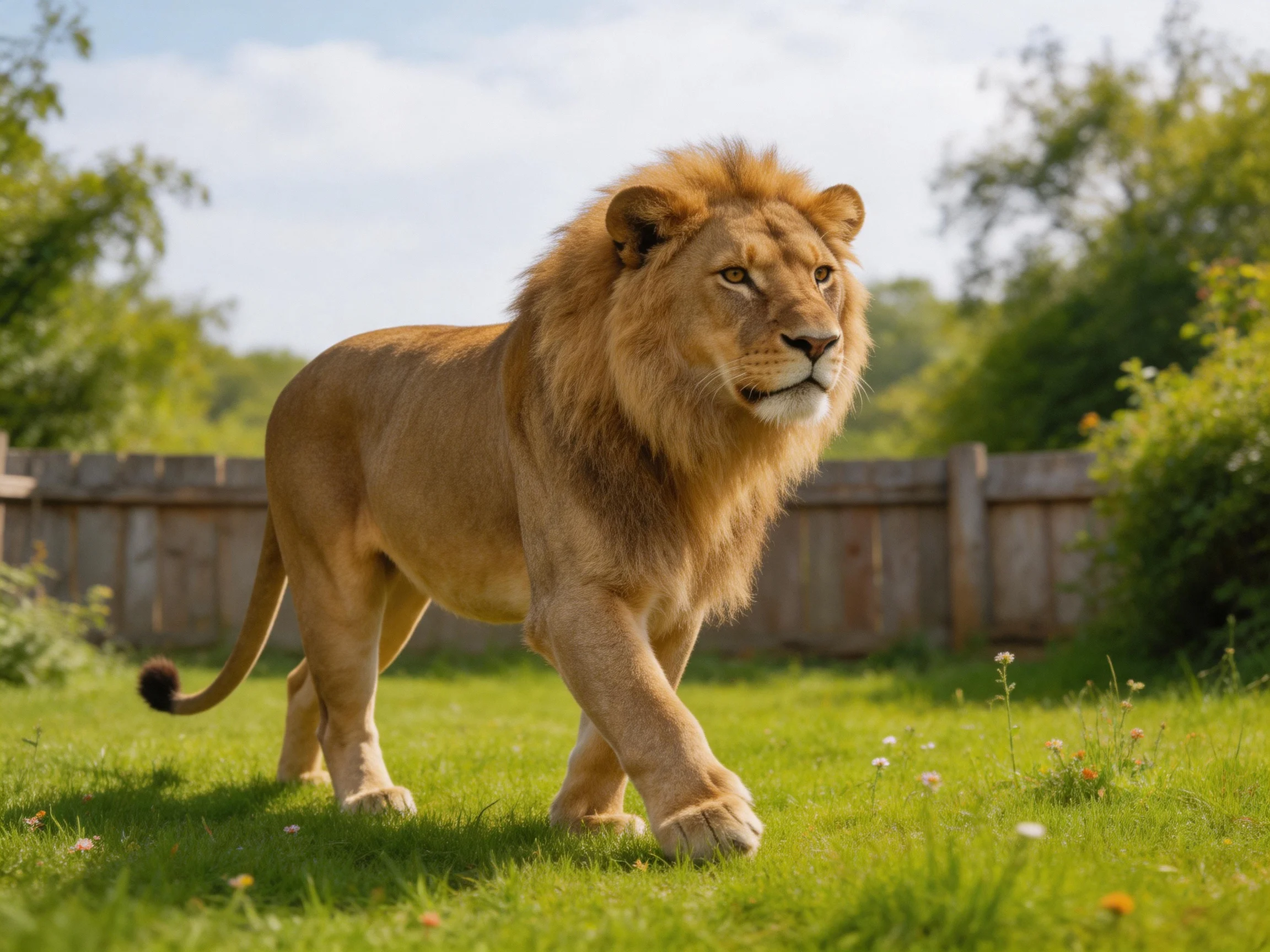 A golden lion moves across a grassy area bordered by a wooden fence.