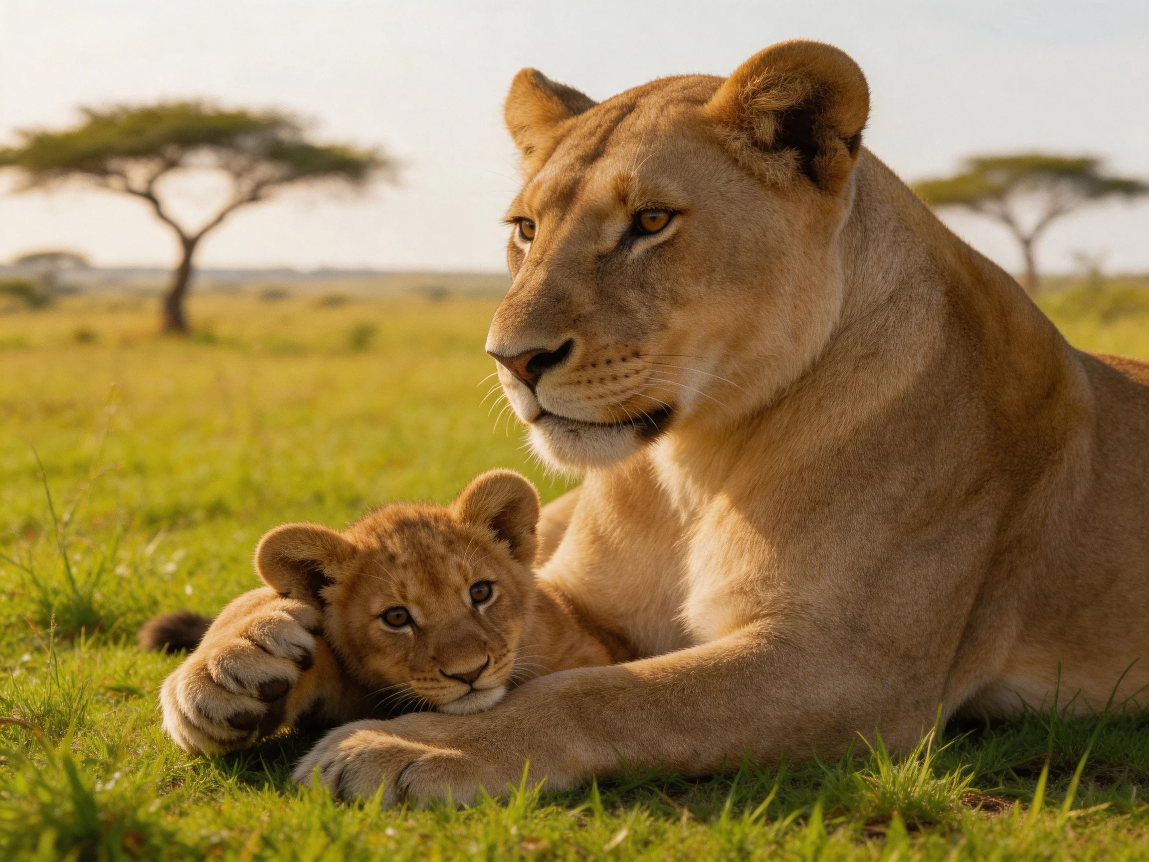An adult lioness and her cub relax together on grassy savannah terrain.
