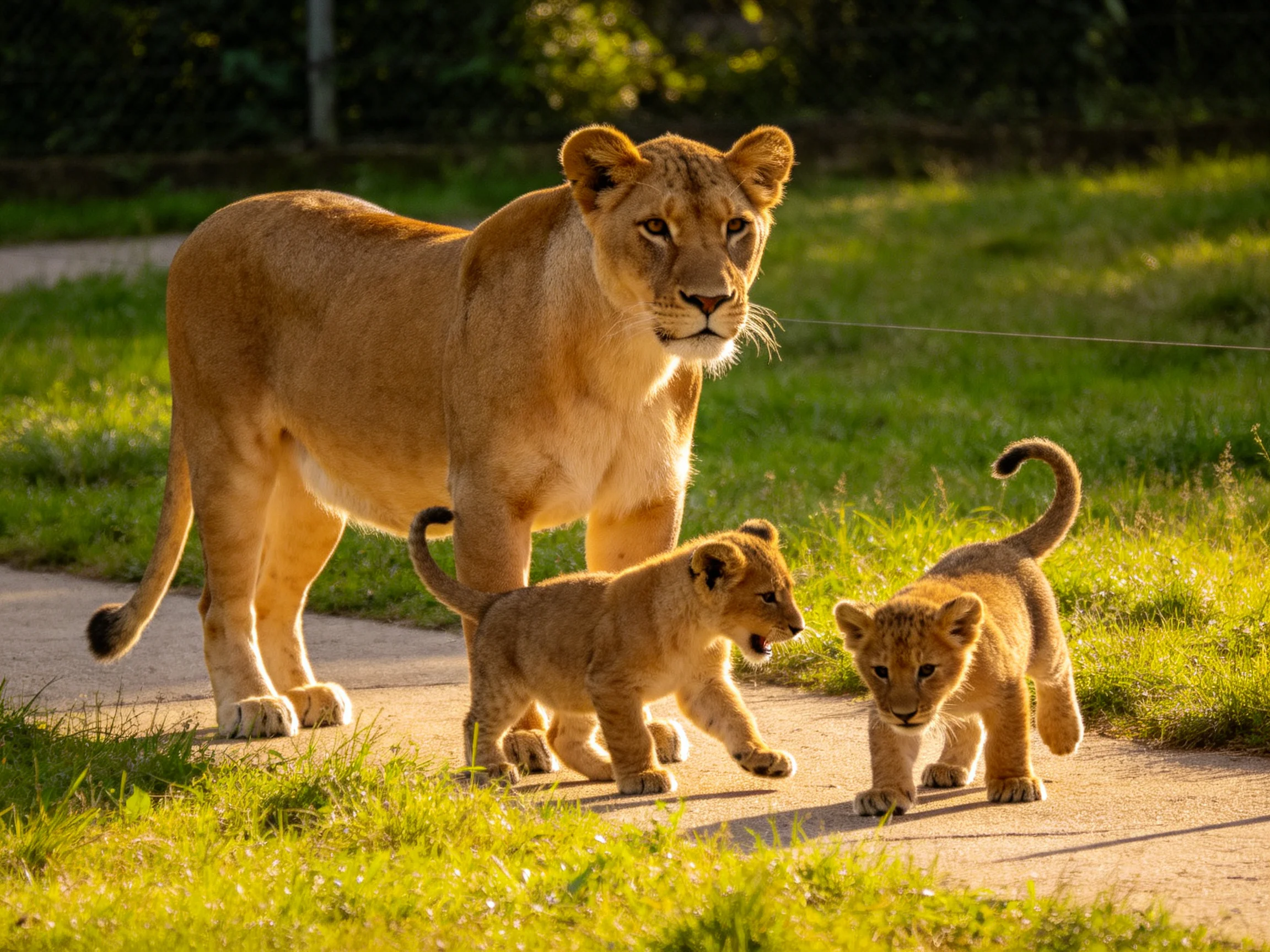 A golden lioness and two cubs on a sunlit path