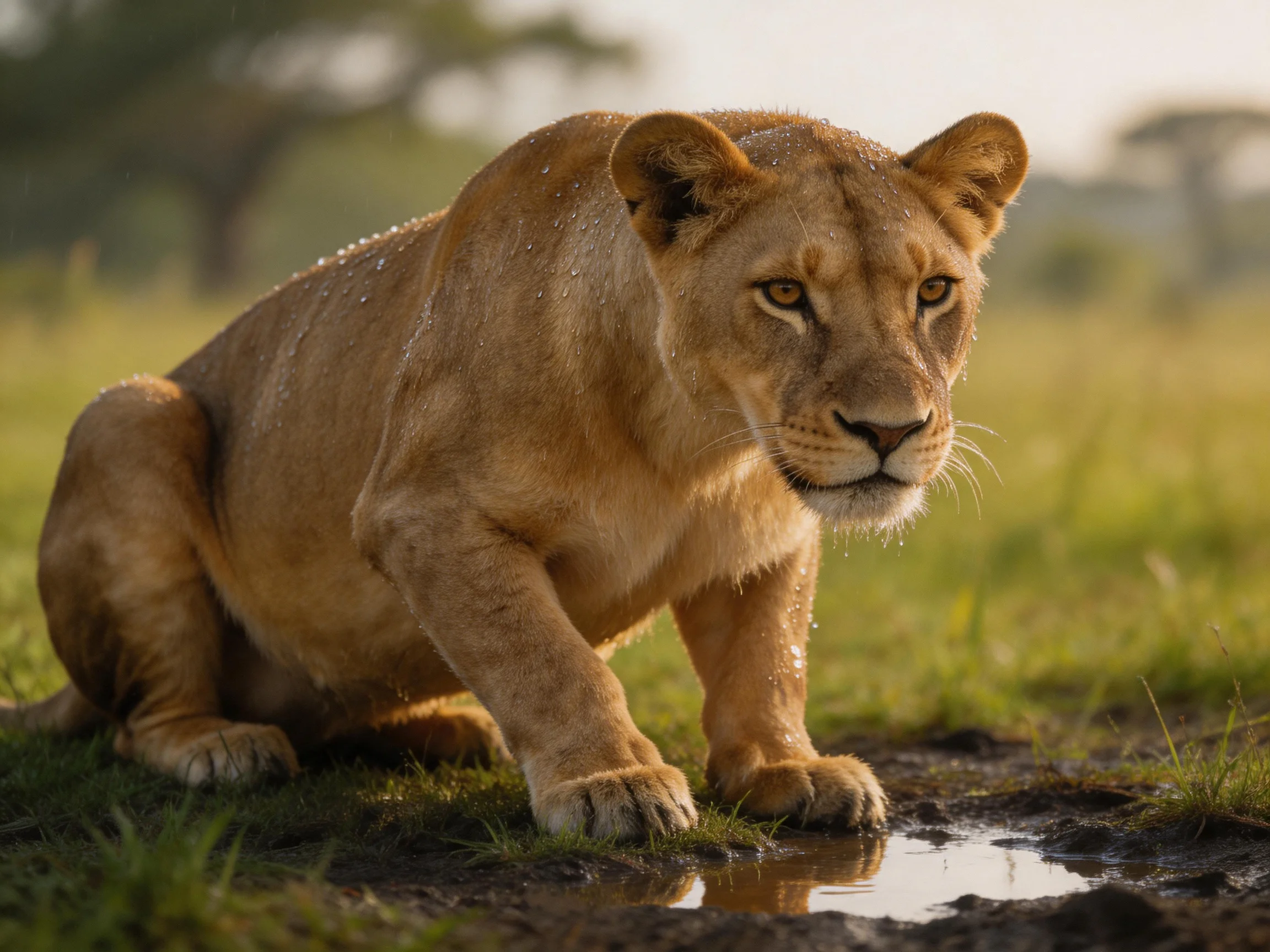 A golden lioness crouches by a small watering hole in the savannah