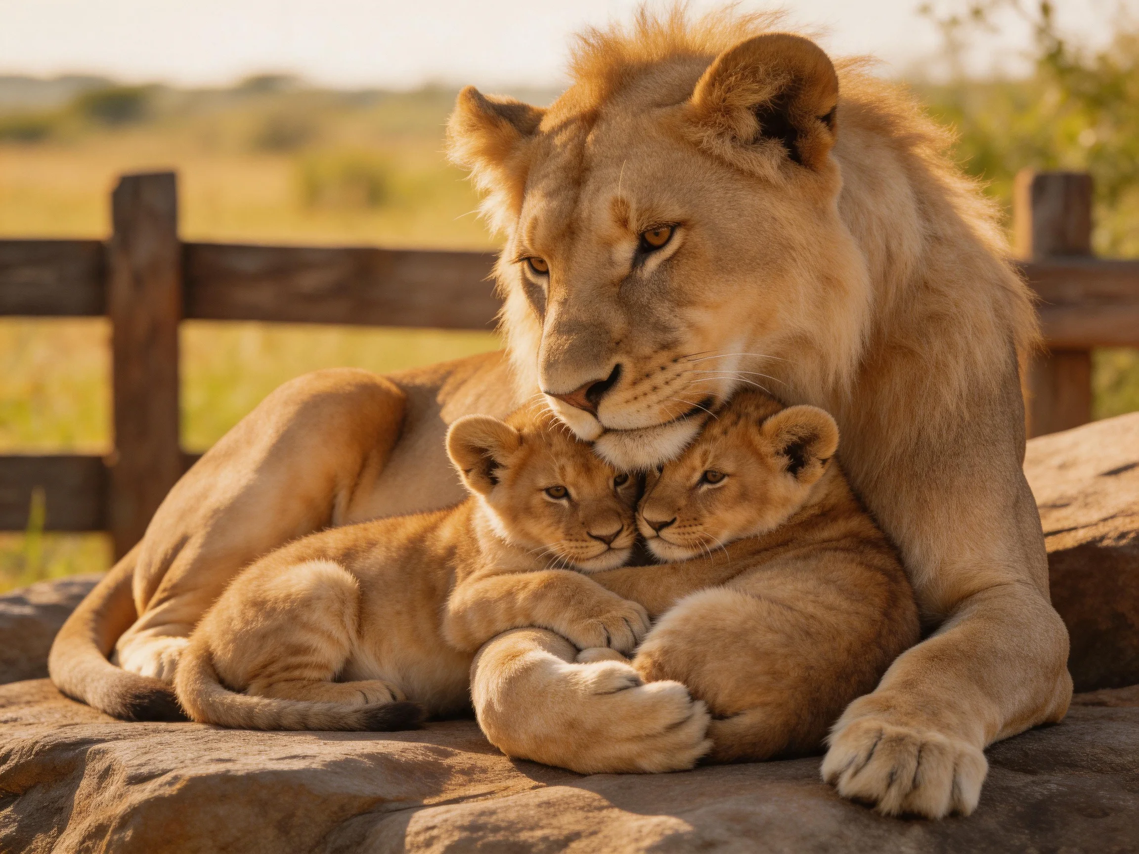 A golden lioness cuddles two cubs on sunlit rocks