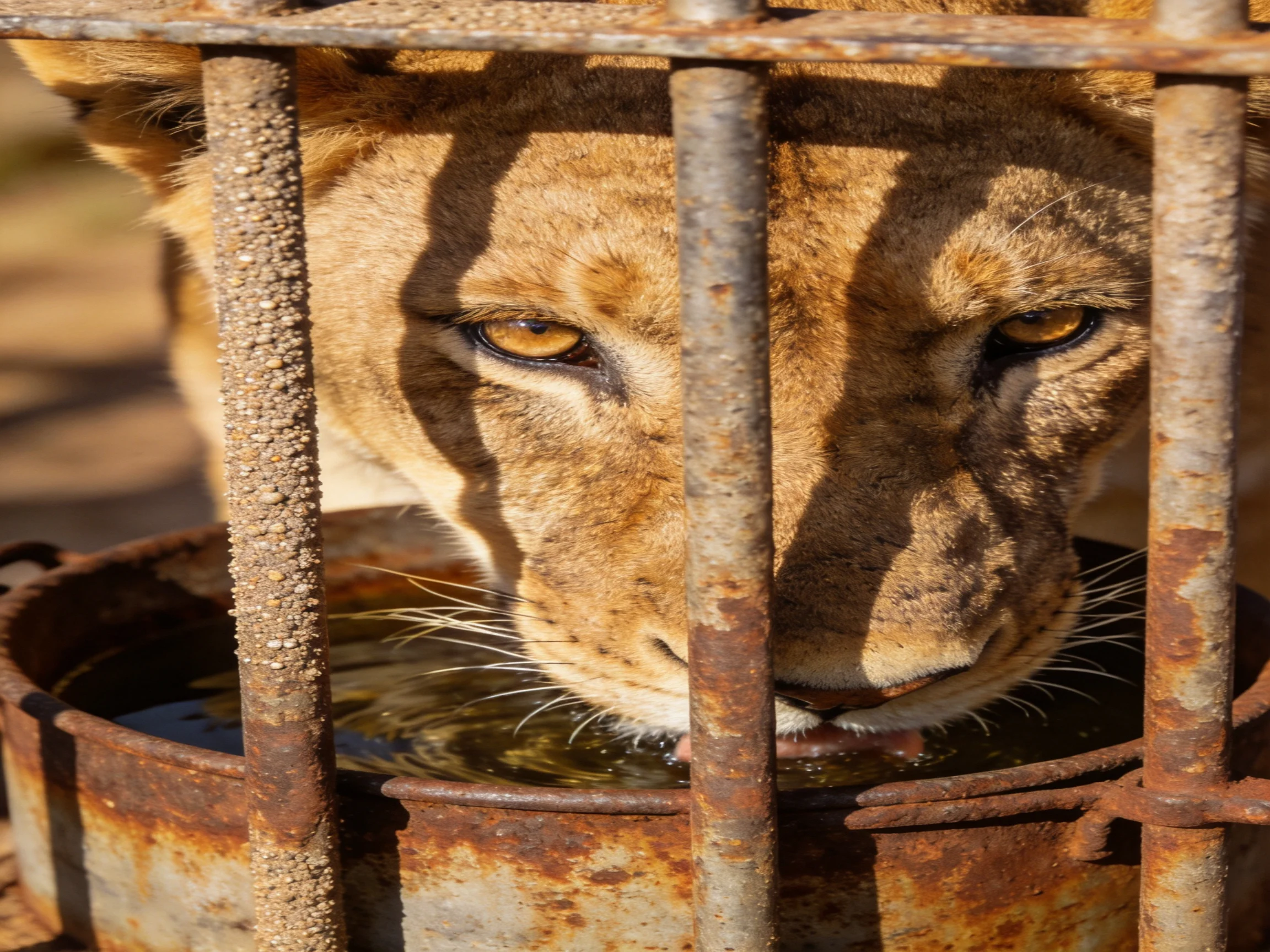 A lioness drinks water behind rusted bars.