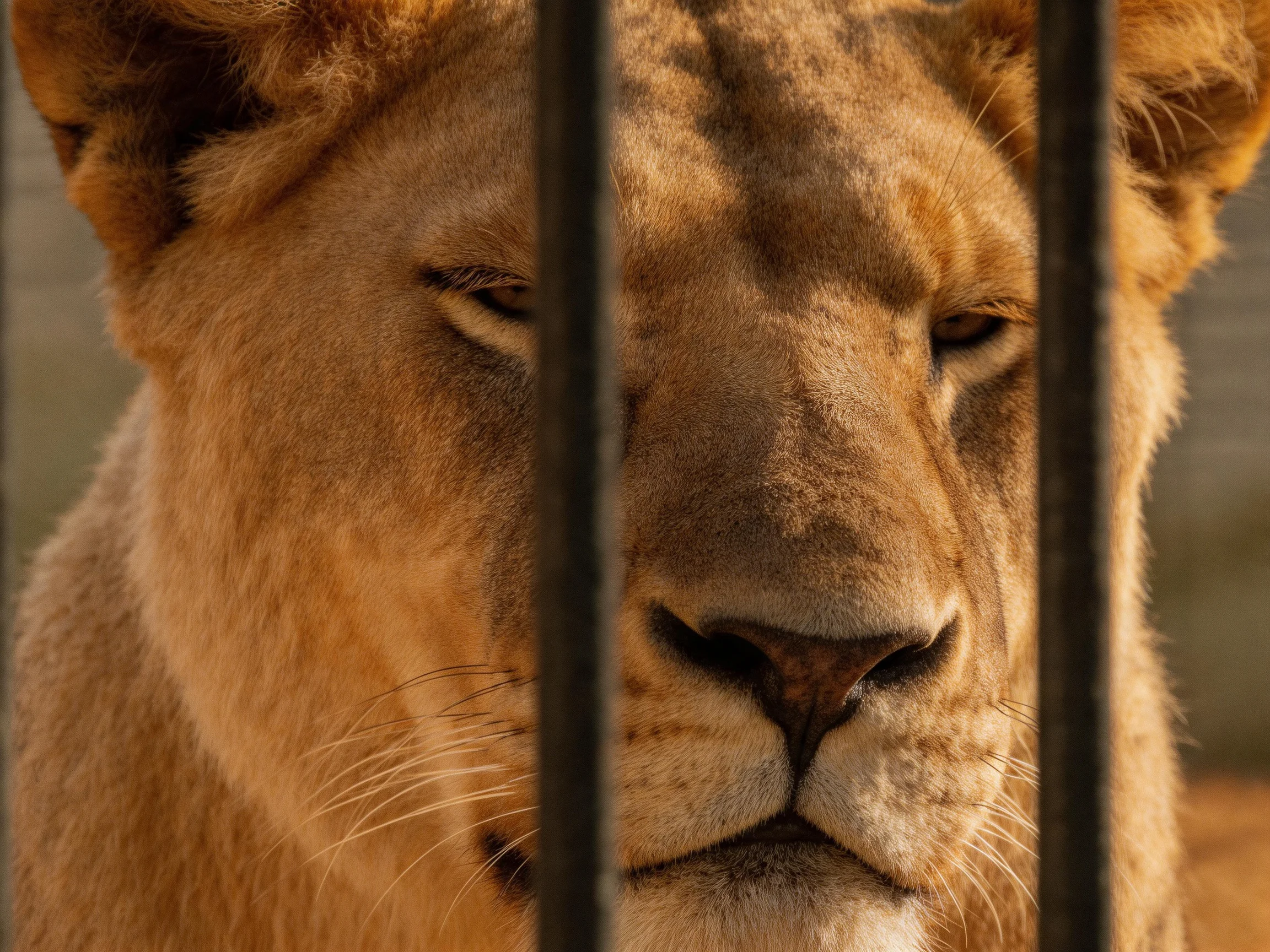 A golden lioness gazes calmly through dark metal bars