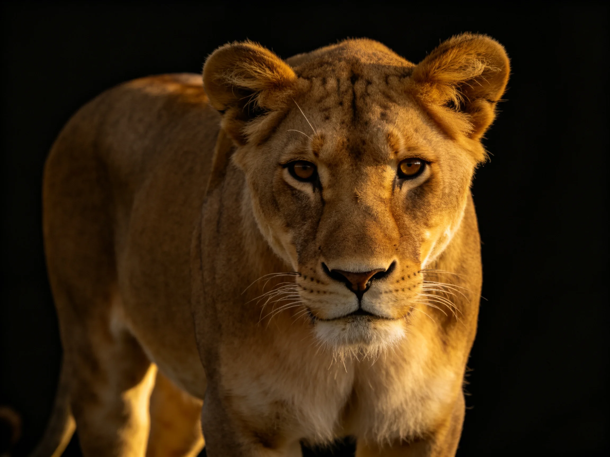 A golden lioness looks directly at the viewer with a dark background