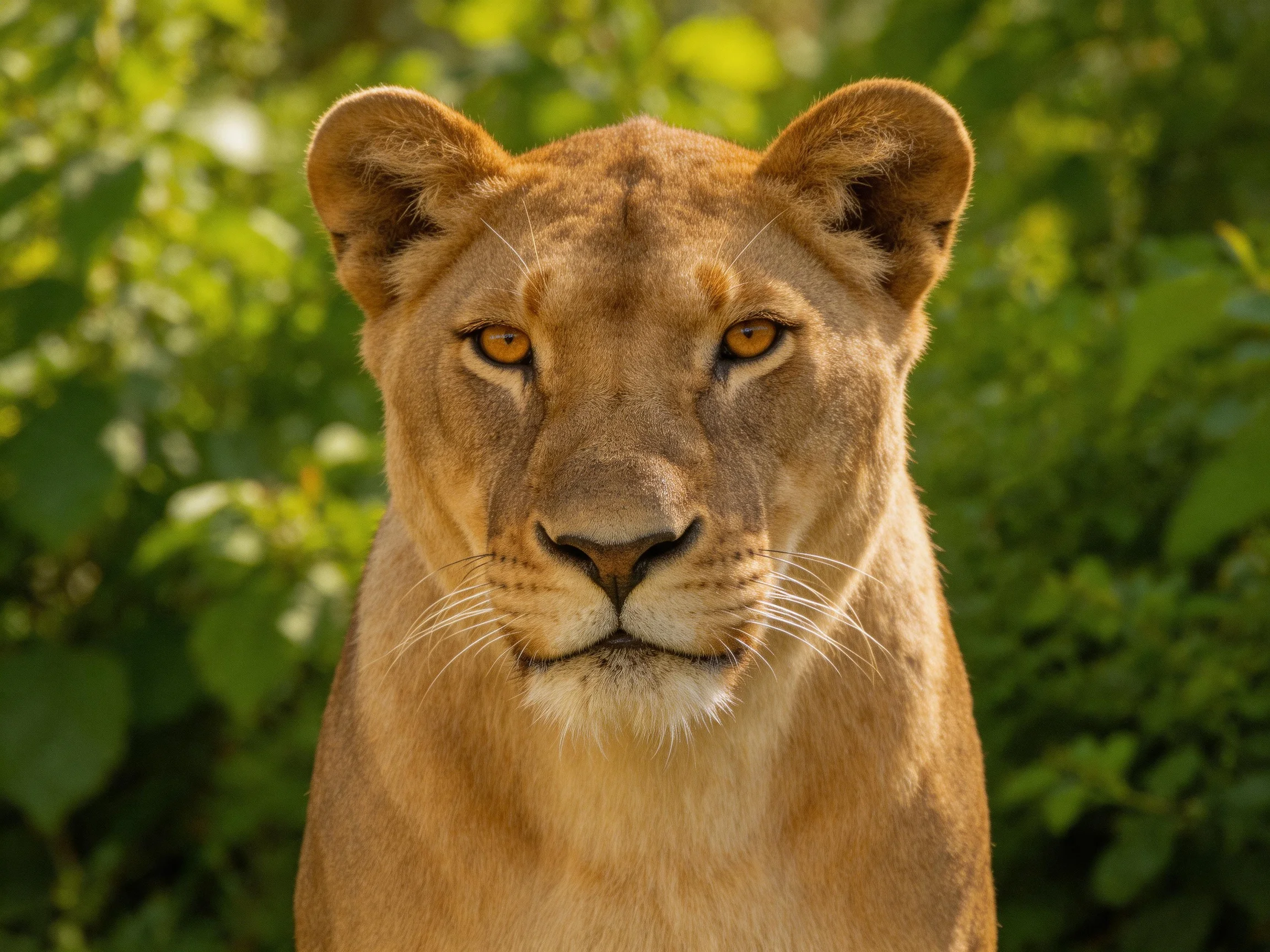 A golden lioness stares directly into the camera with a backdrop of dense greenery.