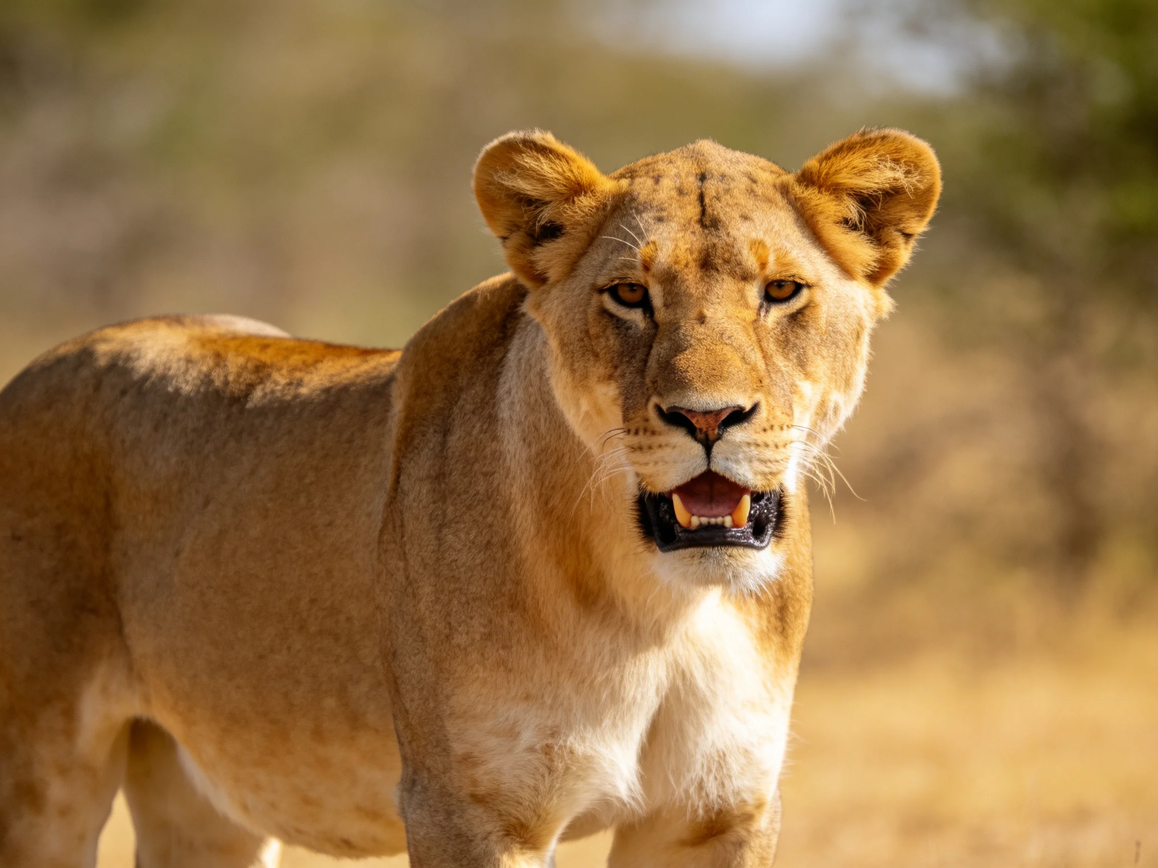 A golden lioness gazes intently in a sunlit savannah