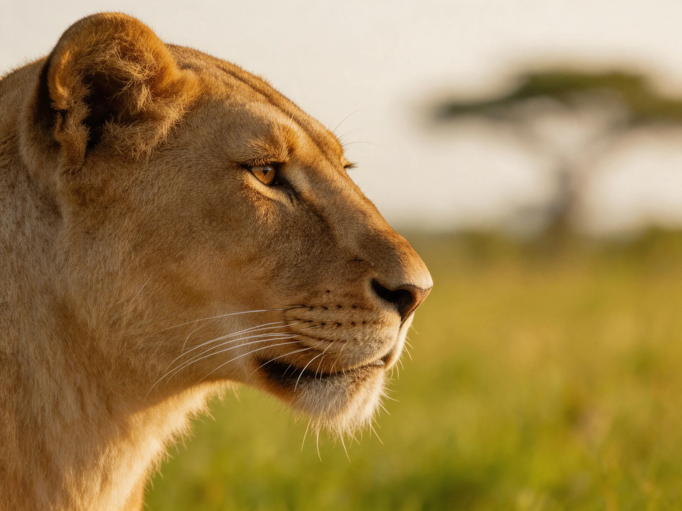 A golden lioness observes the open savannah landscape in close view
