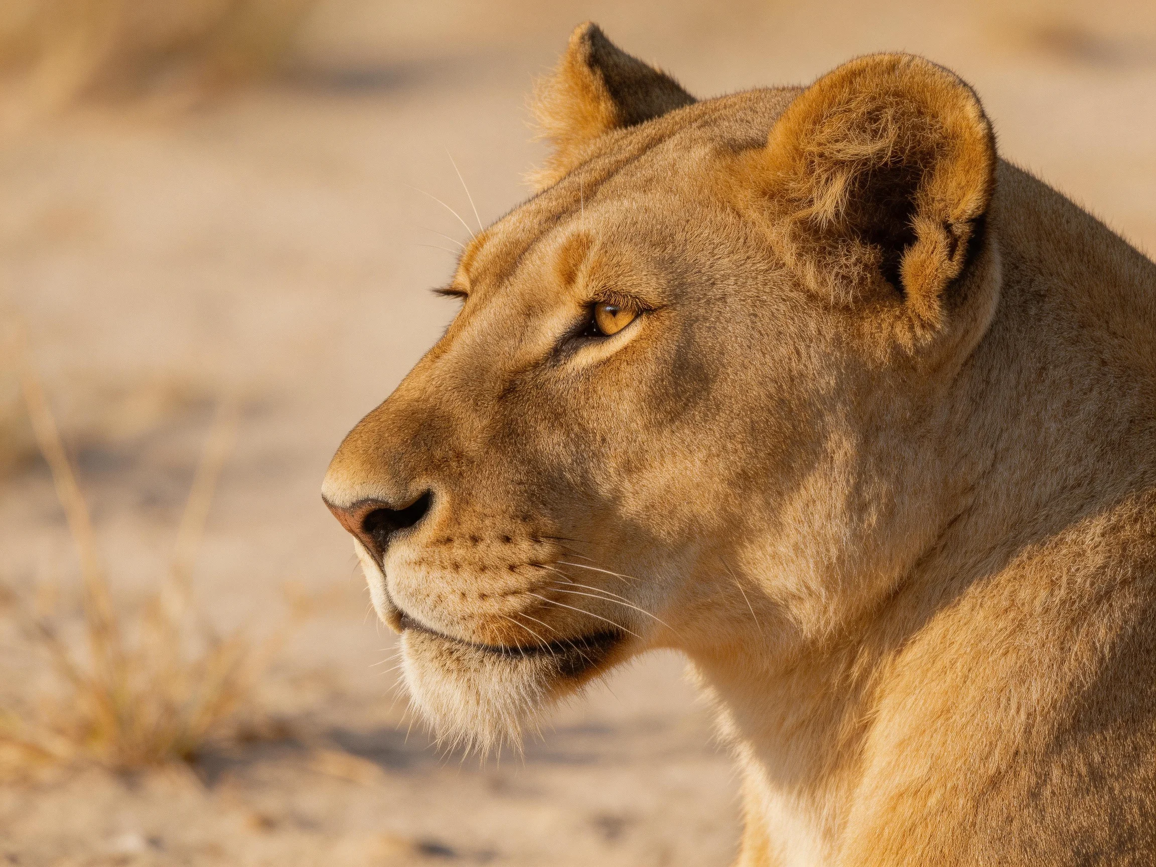 A golden lioness gazes serenely in a sunlit savannah setting.