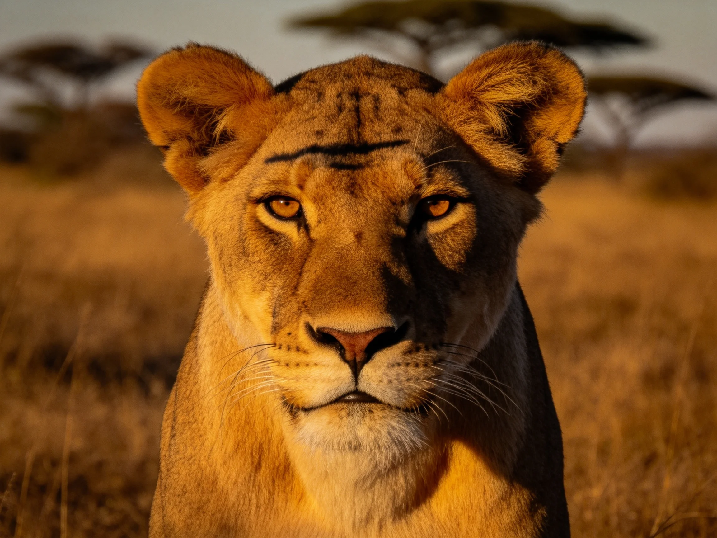 A golden lioness stands in a sunlit savannah with distant acacia trees.