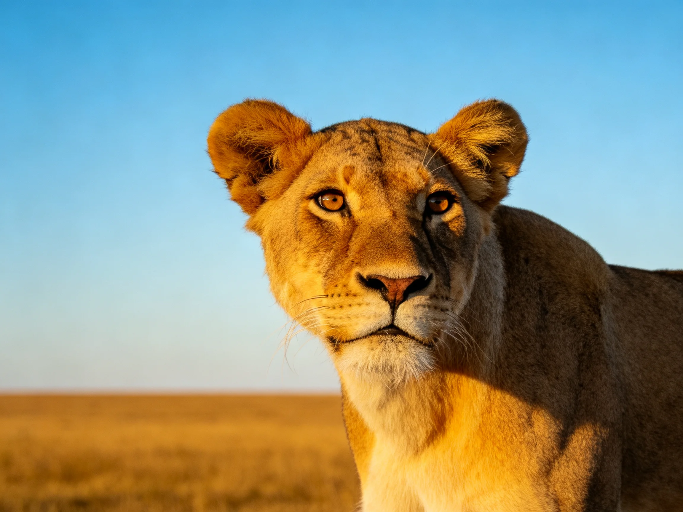 A golden lioness in a vast savannah under a clear blue sky