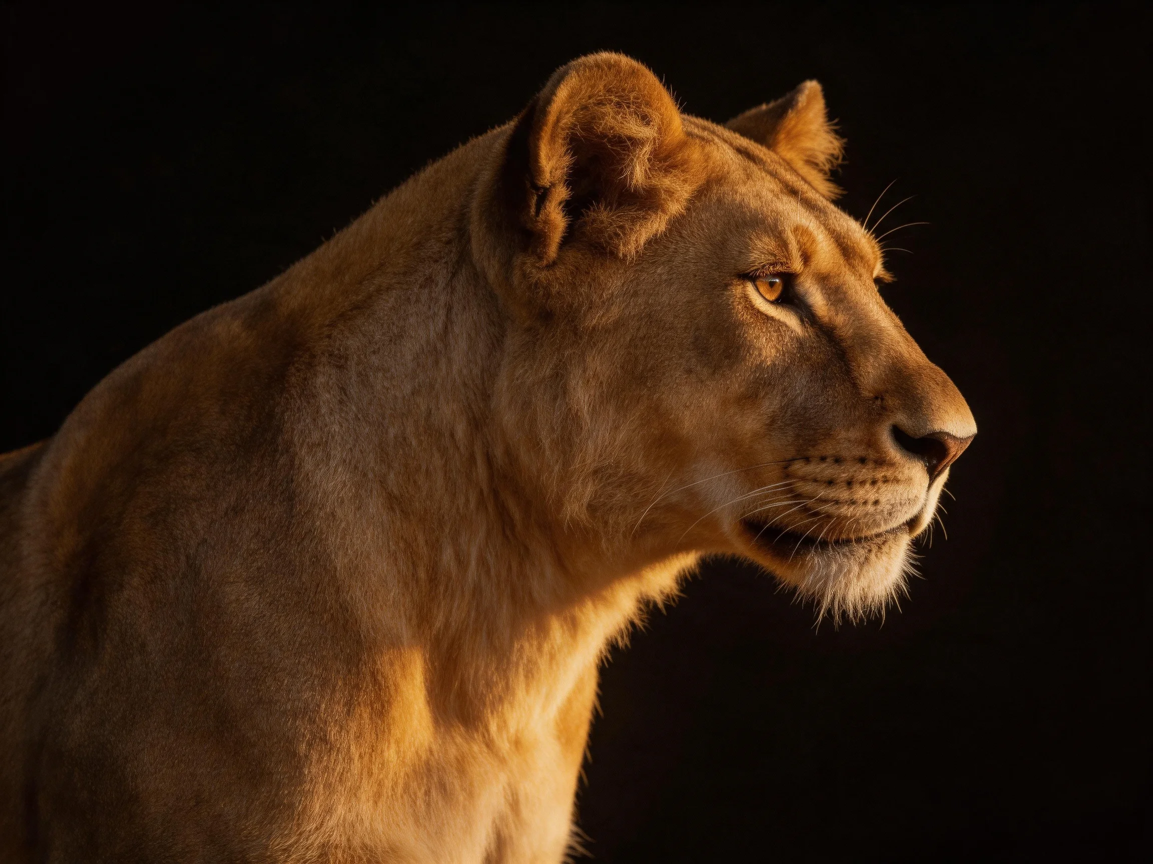A golden lioness in profile illuminated by warm light