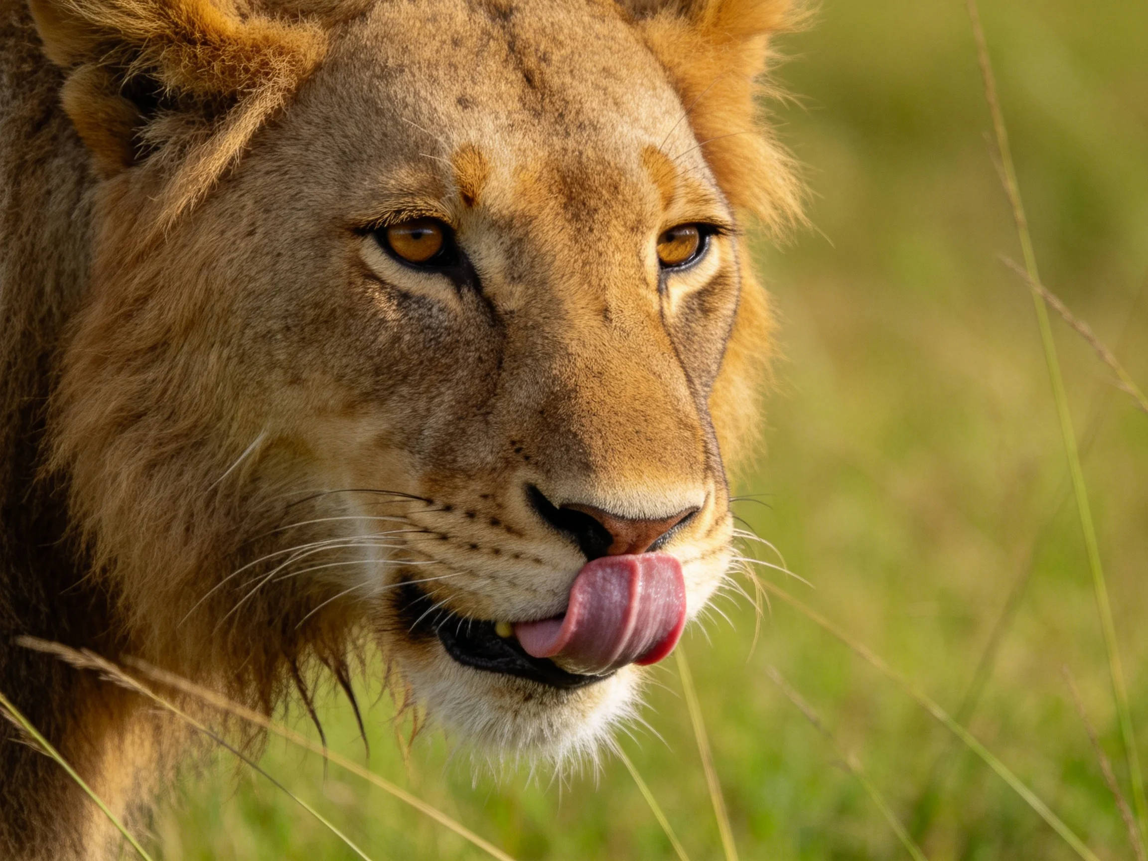 A golden lioness licking her lips amid tall green grass