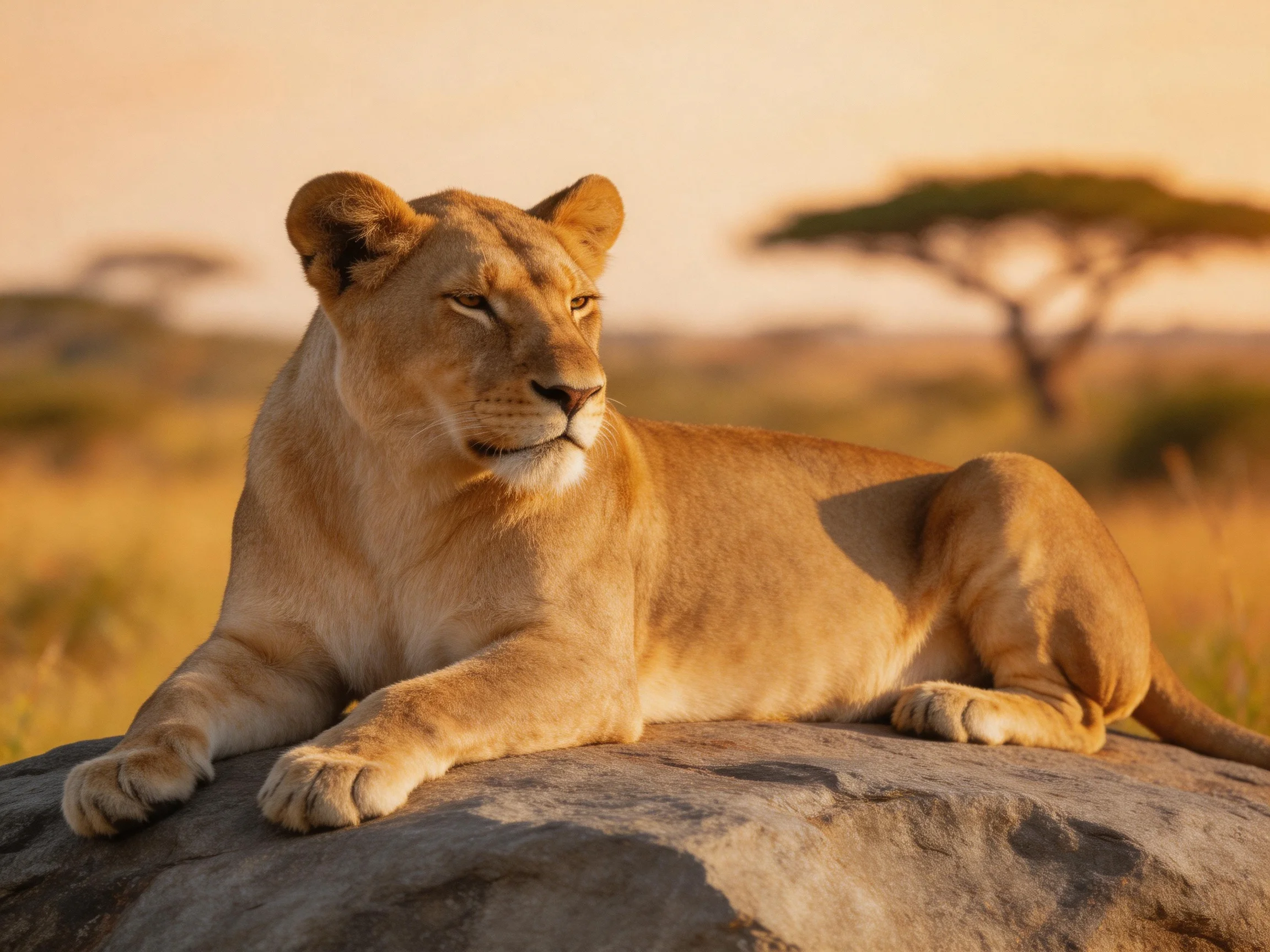 A golden lioness rests on a rock in the sunlit savannah