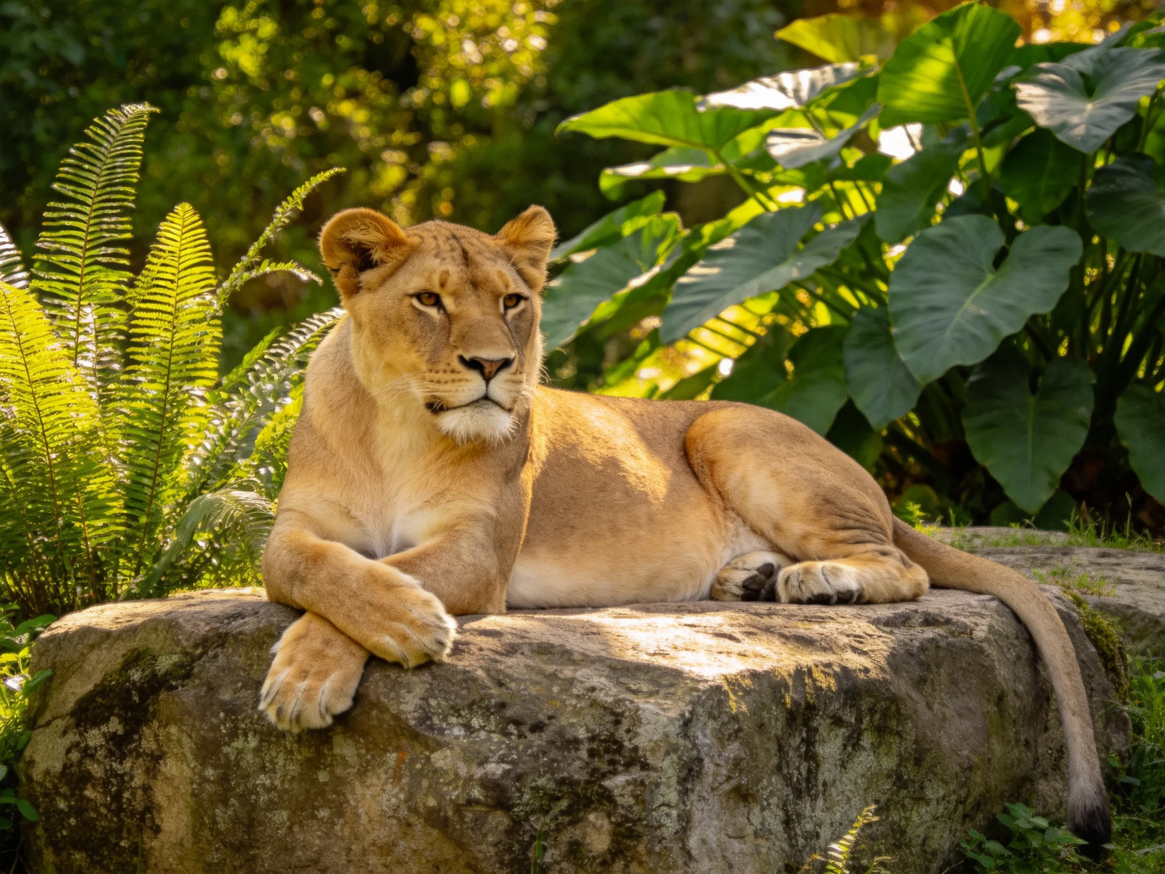 A golden lioness lounges on a stone amid lush greenery in bright sunlight.