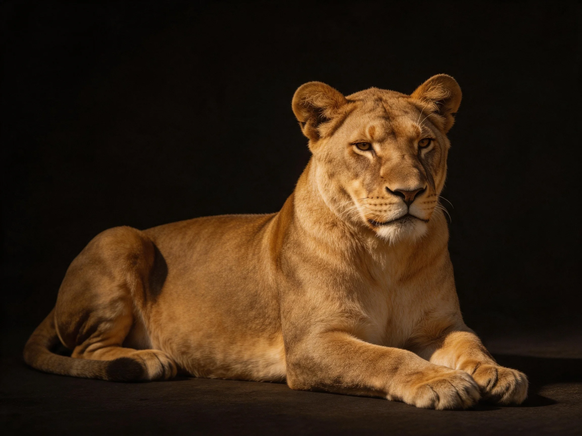 A golden lioness reclines against a deep black backdrop