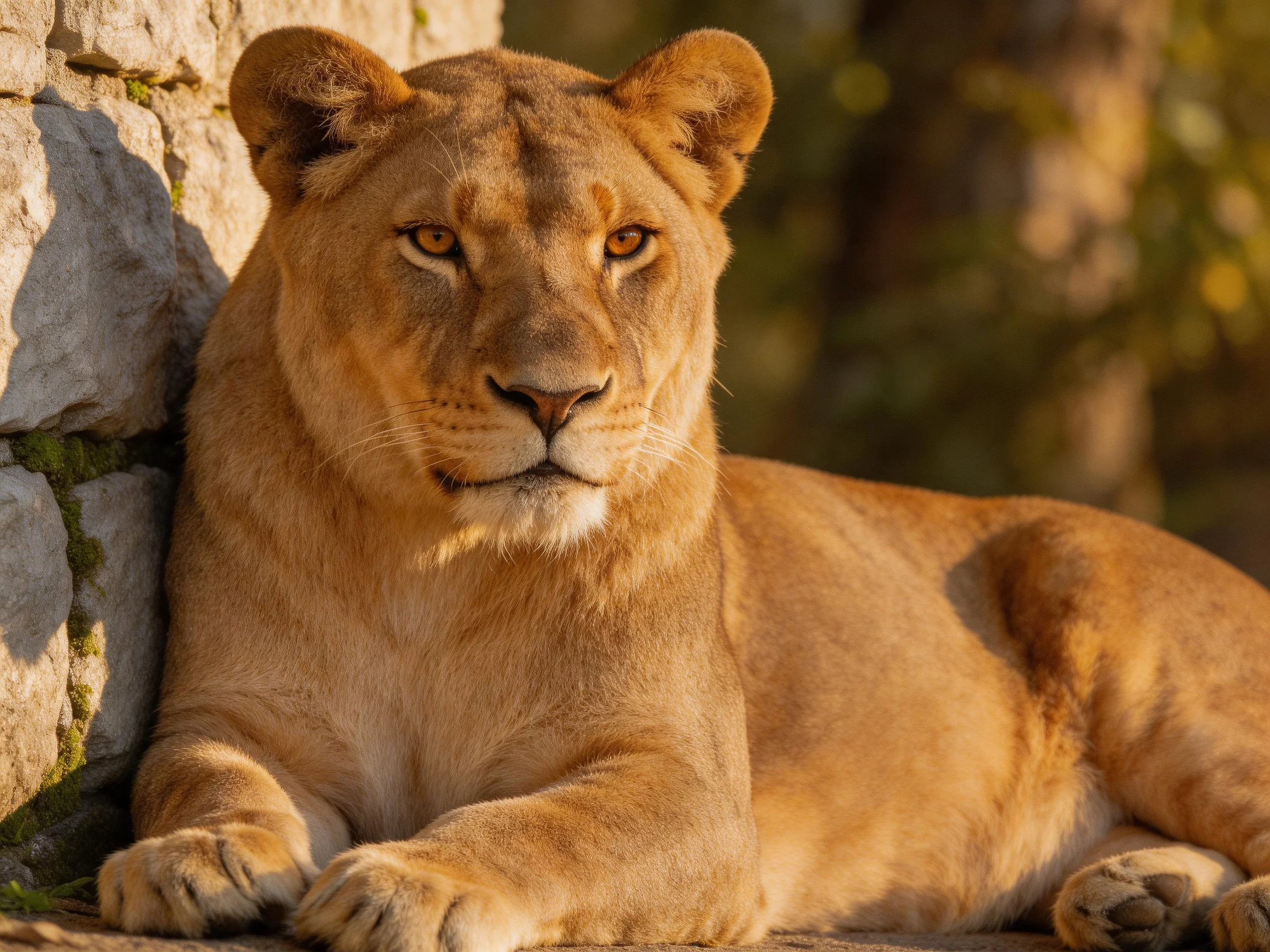 A golden lioness lies peacefully next to a stone structure in natural light.