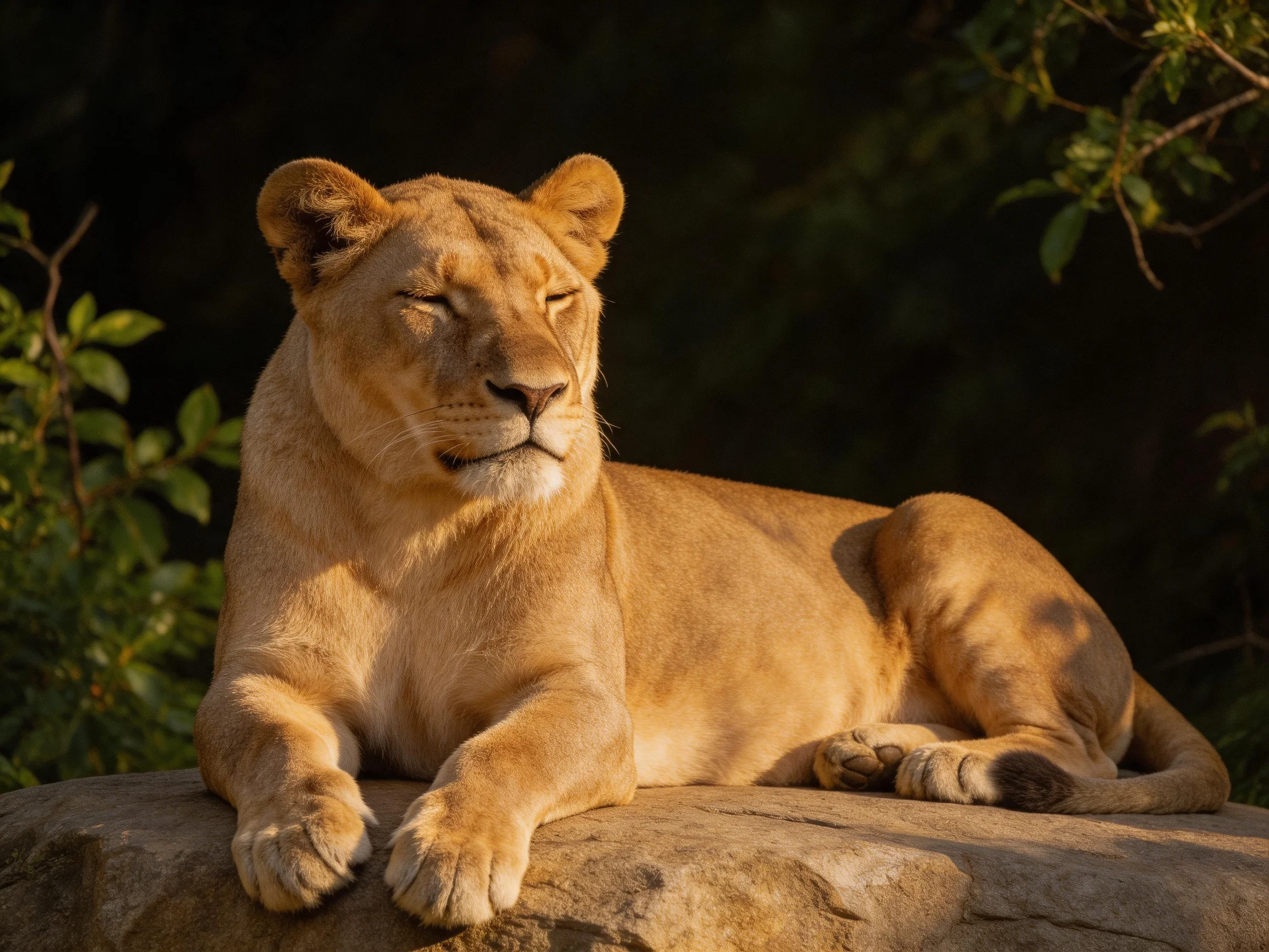 A golden lioness lies calmly on a large rock in a shaded, leafy environment.