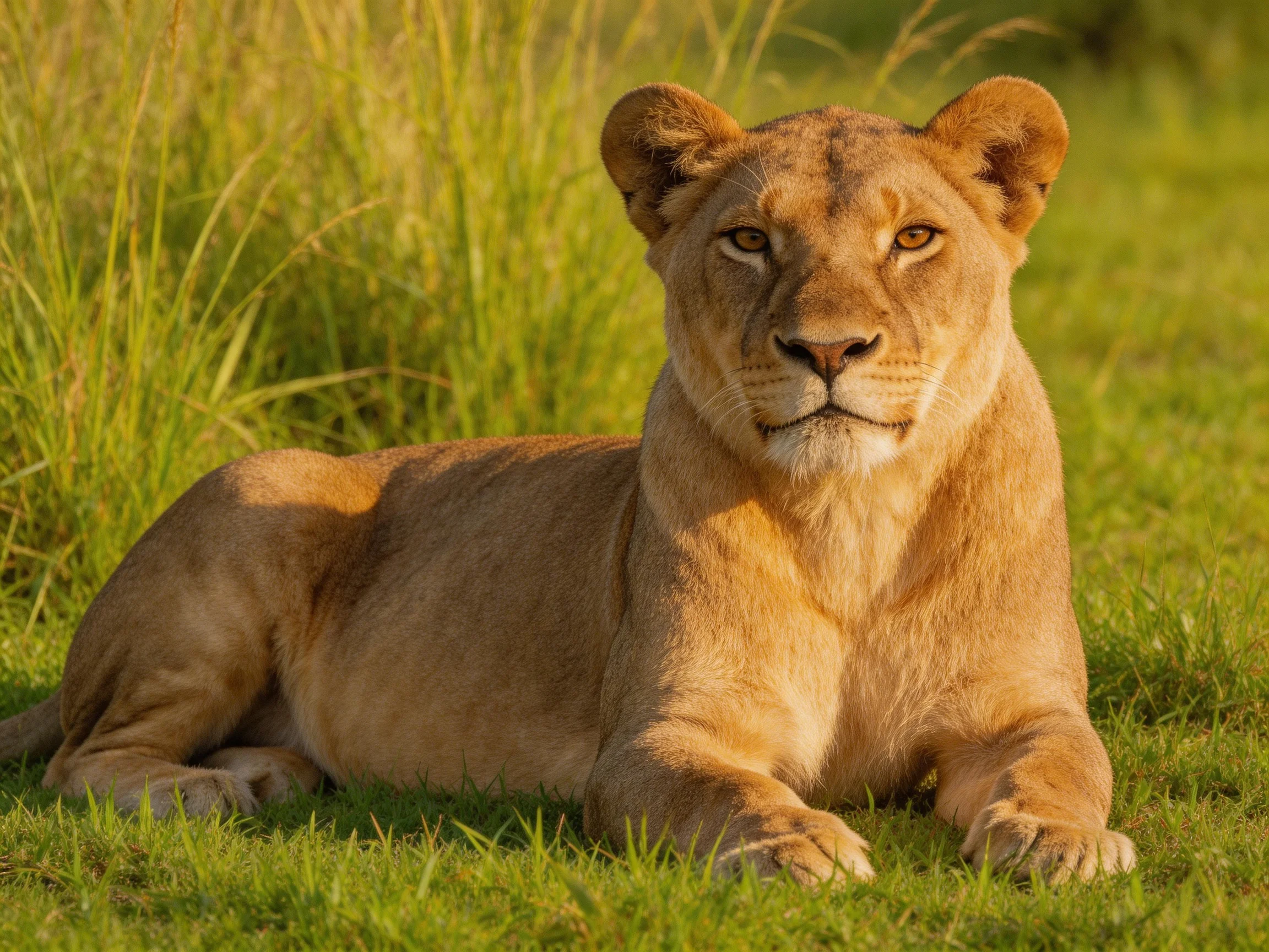 A golden lioness relaxes on green grass in a sunlit natural setting.