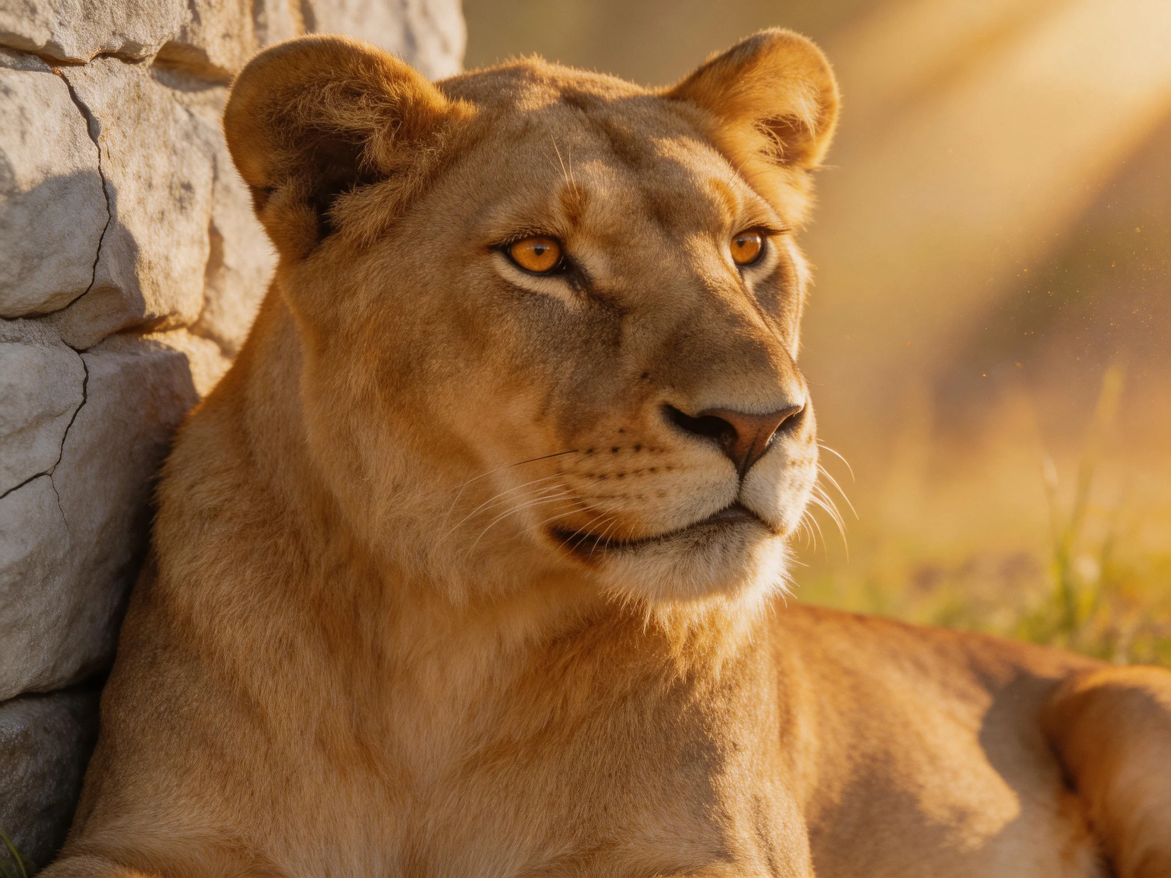 A golden lioness relaxes beside a stone wall under sunny light.