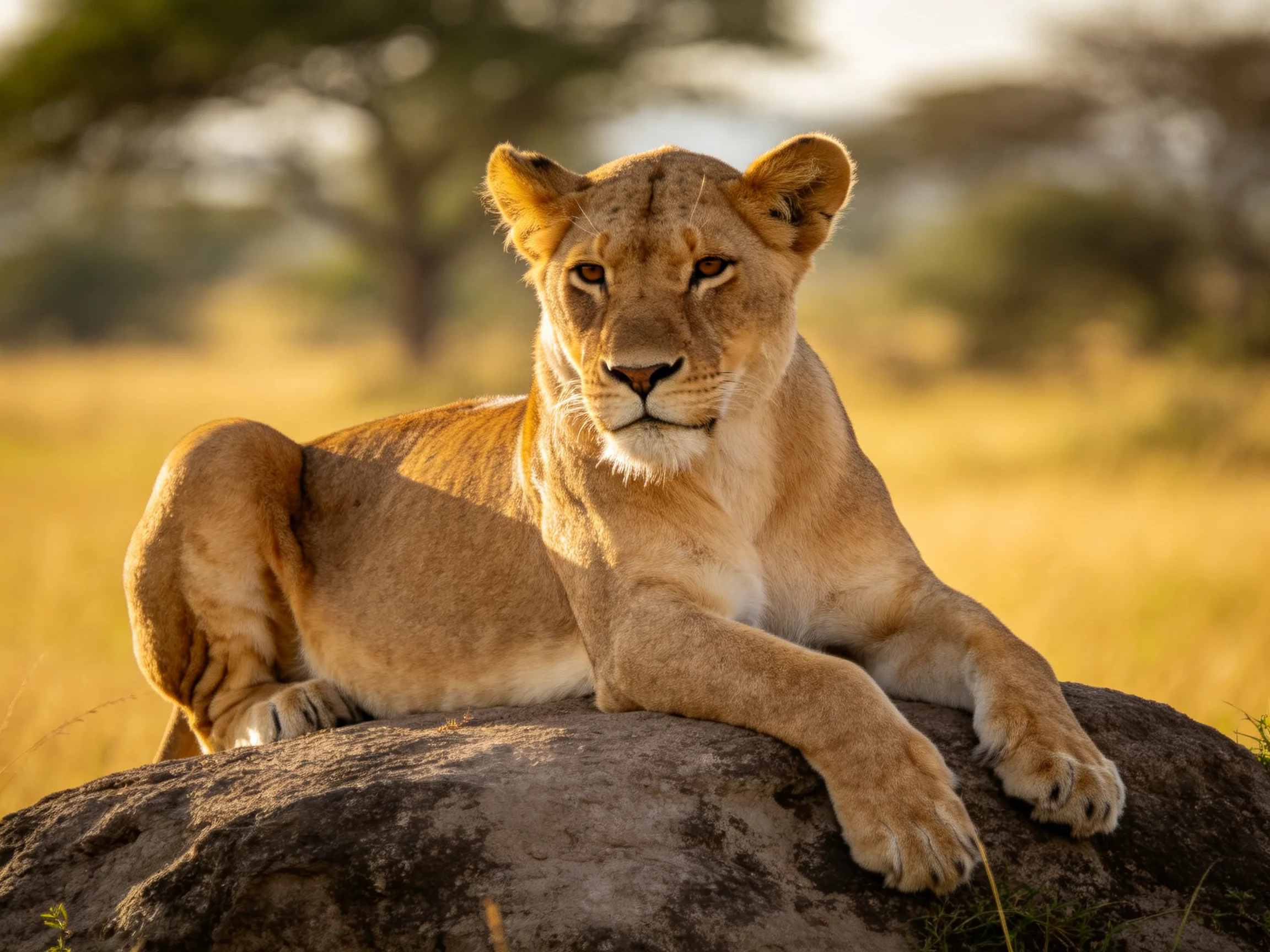 A golden lioness relaxes on a large rock amid the sunlit savannah landscape.